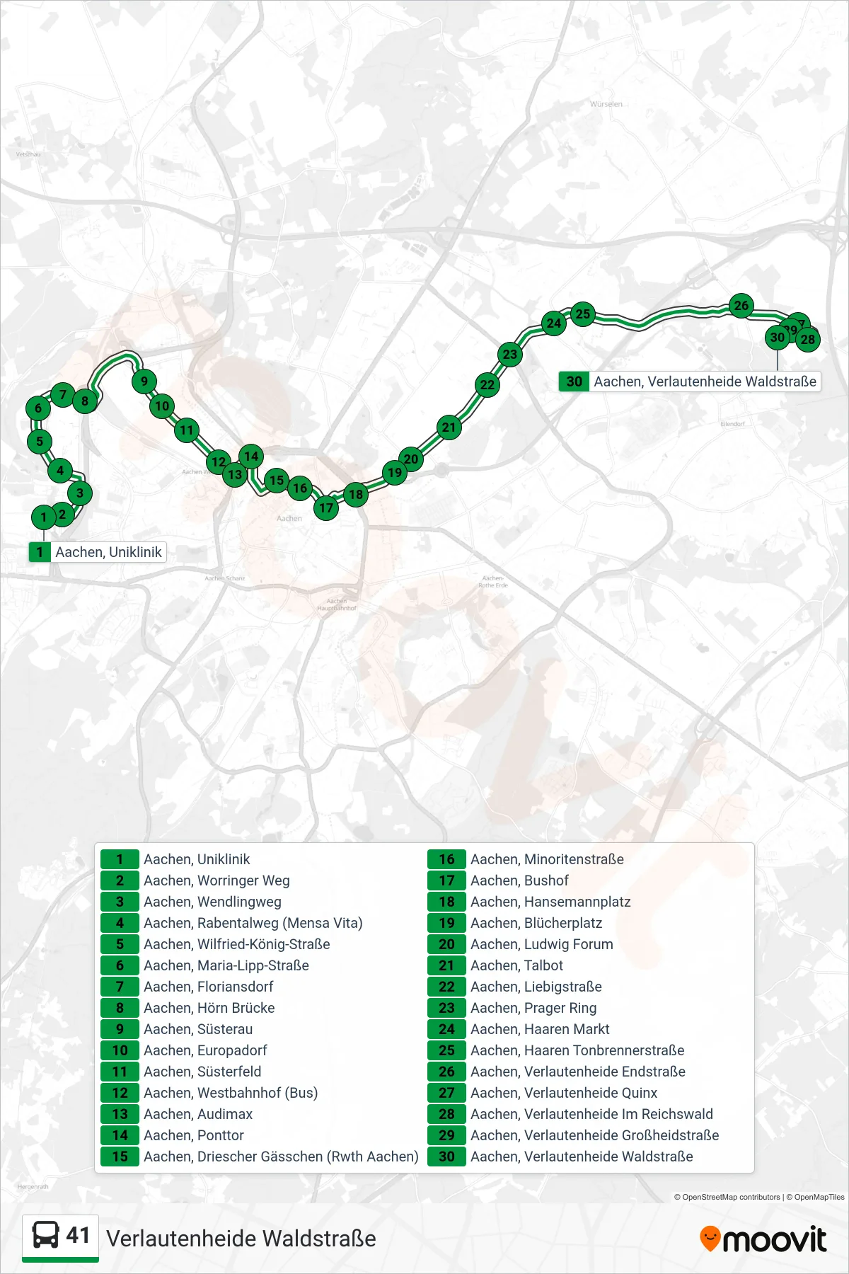 Linie 41 (Bus) Richtung Verlautenheide Waldstraße: Route und Haltestellen auf der Karte