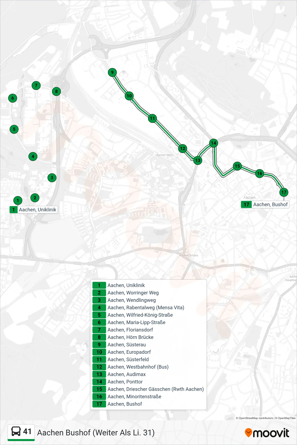 Linie 41 (Bus) Richtung Aachen Bushof (Weiter Als Li. 31): Route und Haltestellen auf der Karte