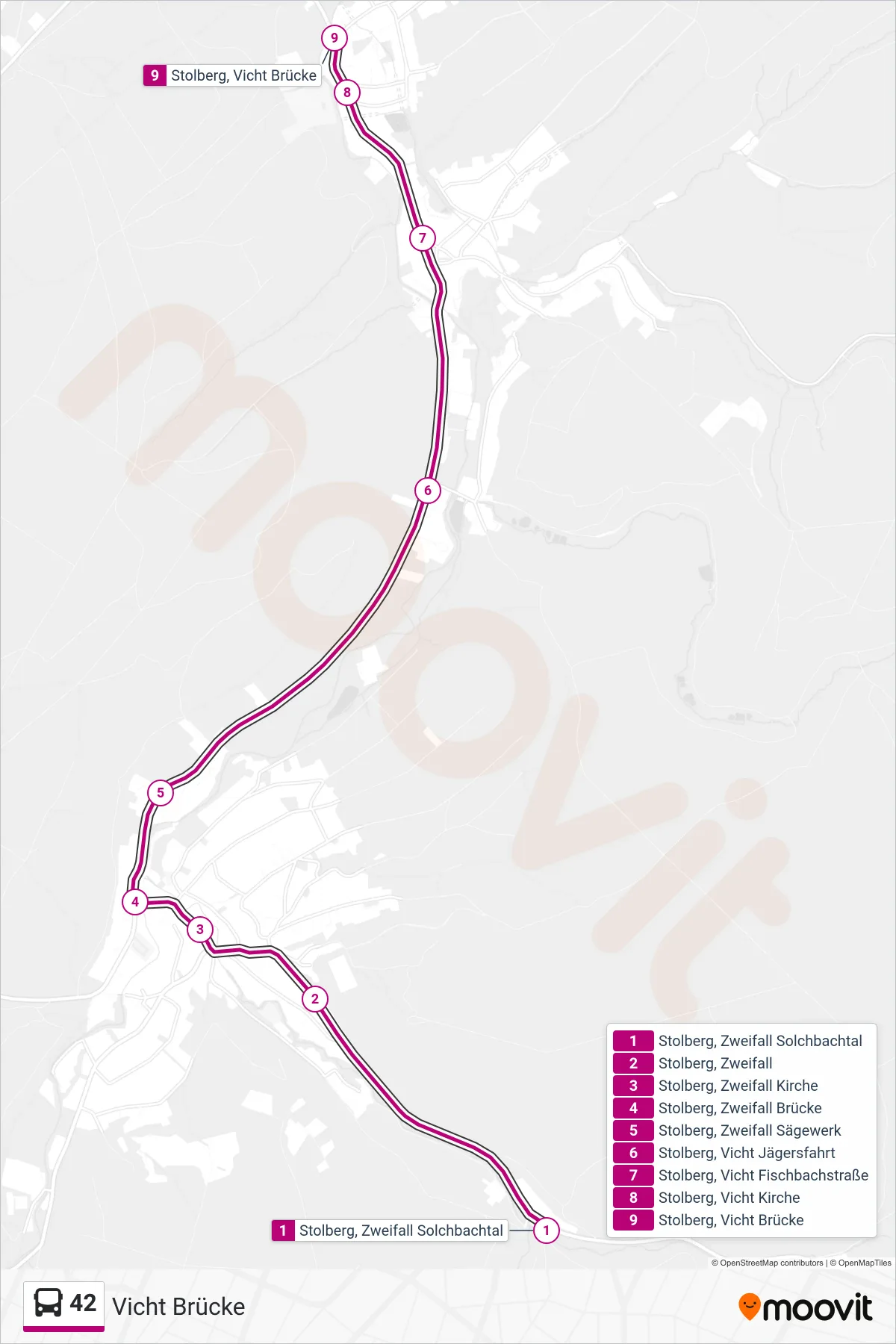 42 bus Line (Vicht Brücke) route and stops on a map