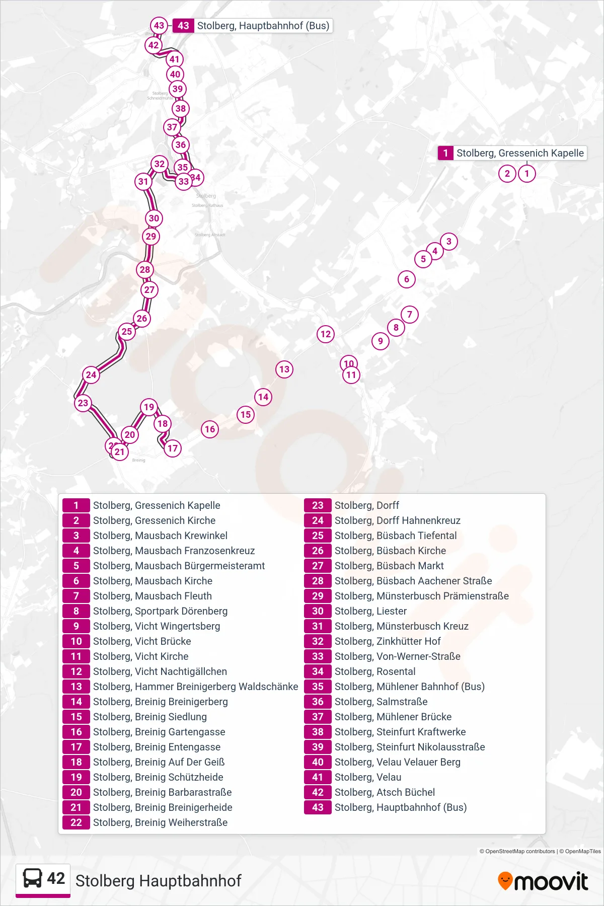 Linie 42 (Bus) Richtung Stolberg Hauptbahnhof: Route und Haltestellen auf der Karte