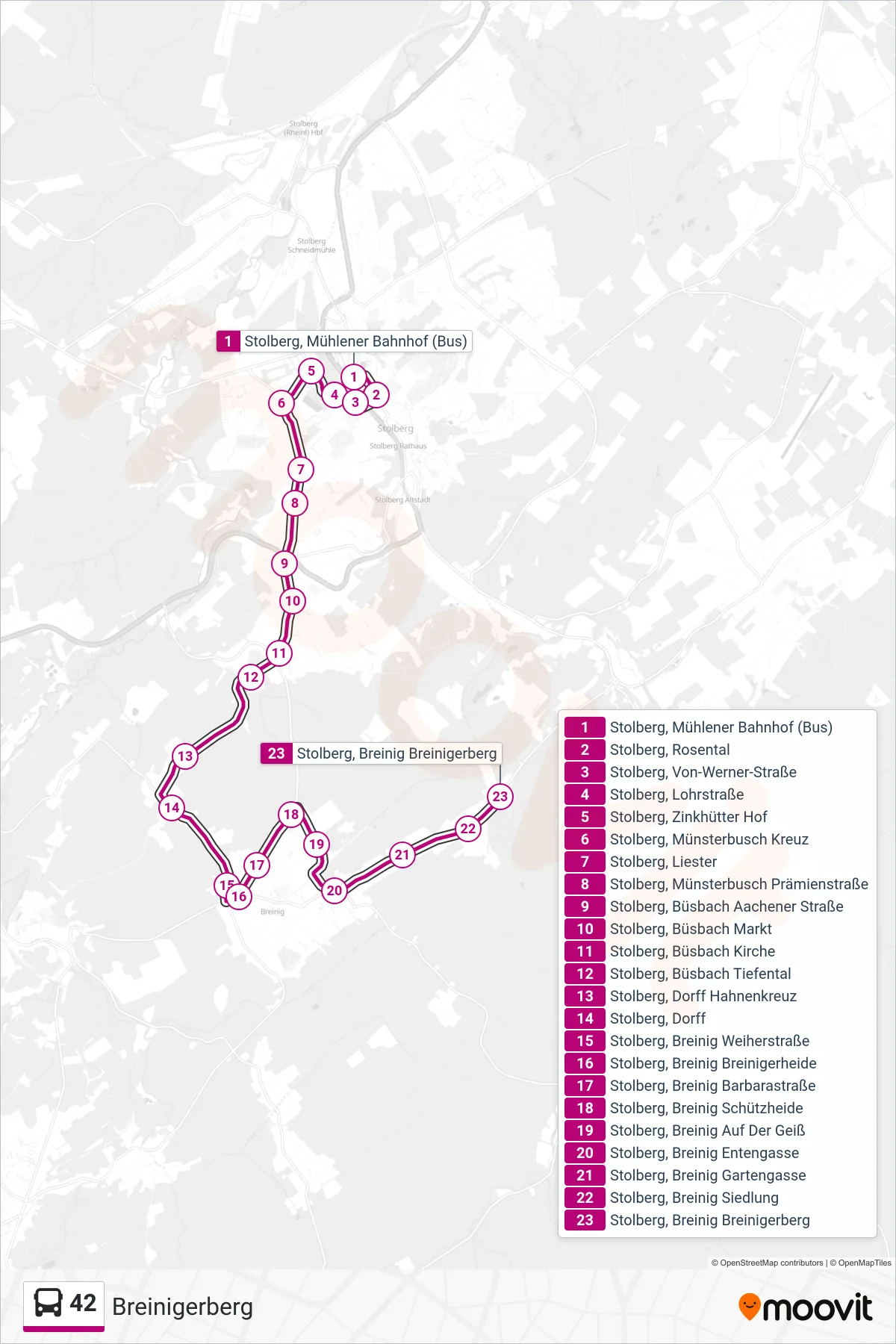 Linie 42 (Bus) Richtung Breinigerberg: Route und Haltestellen auf der Karte