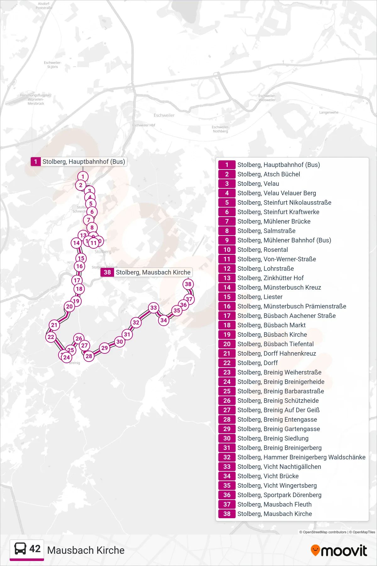 Linie 42 (Bus) Richtung Mausbach Kirche: Route und Haltestellen auf der Karte