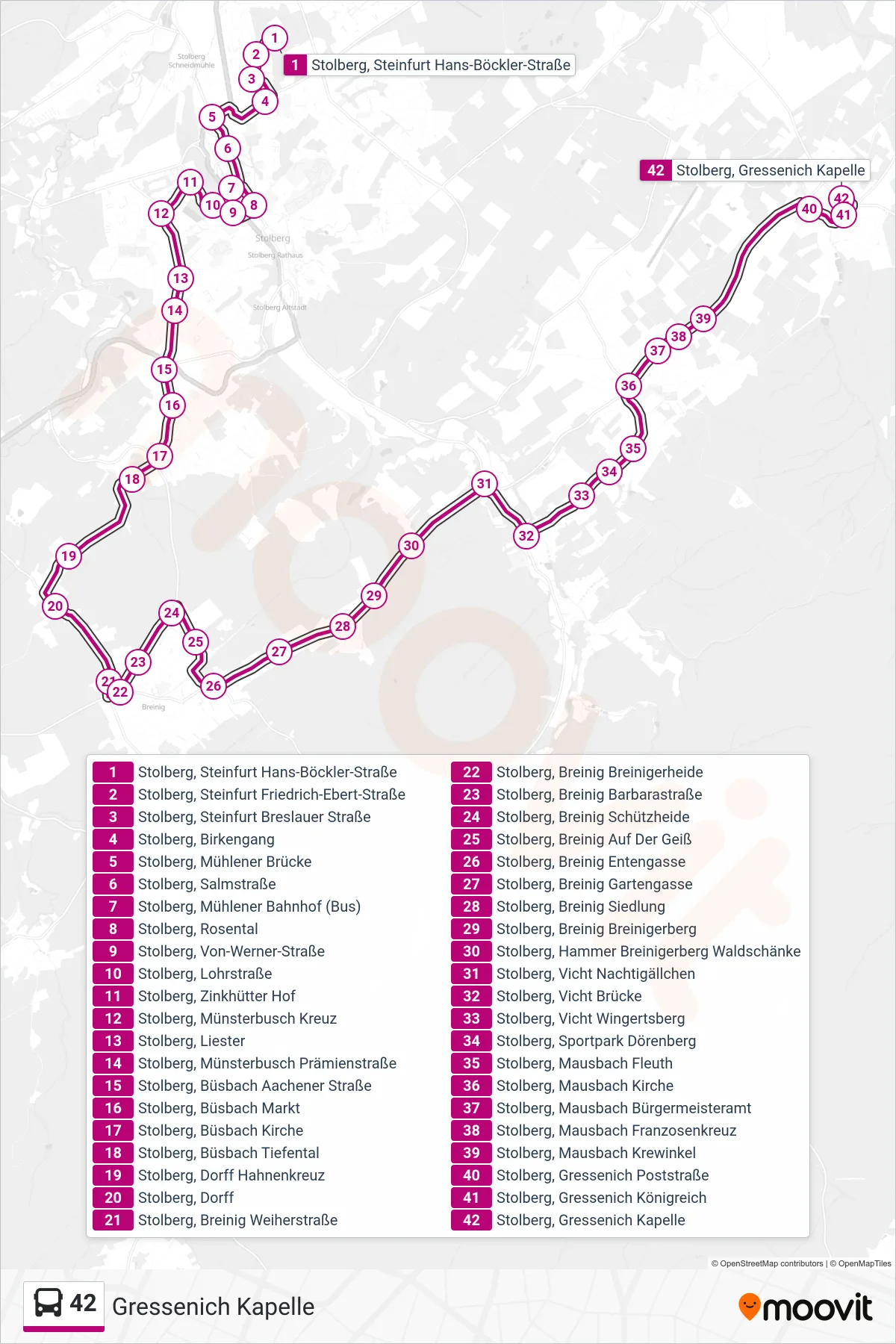 42 bus Line (Gressenich Kapelle) route and stops on a map