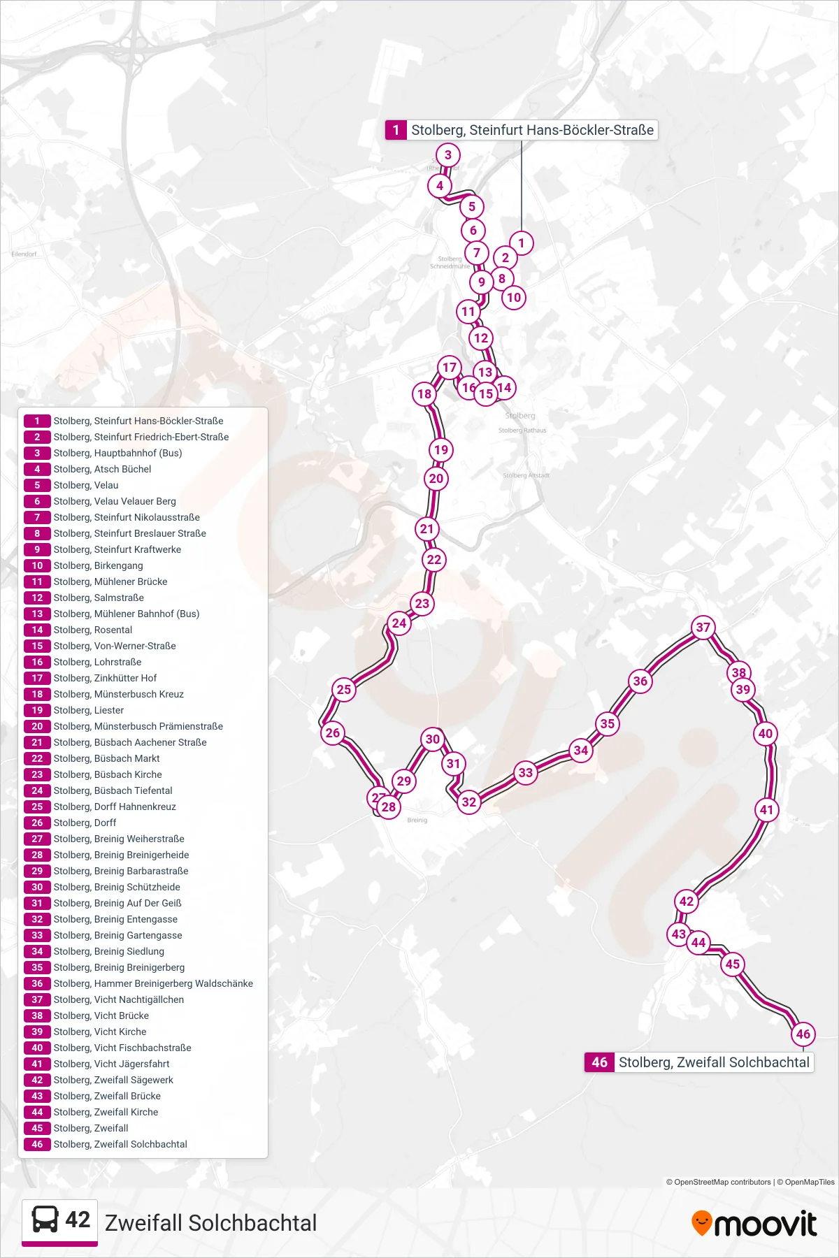 Linie 42 (Bus) Richtung Zweifall Solchbachtal: Route und Haltestellen auf der Karte