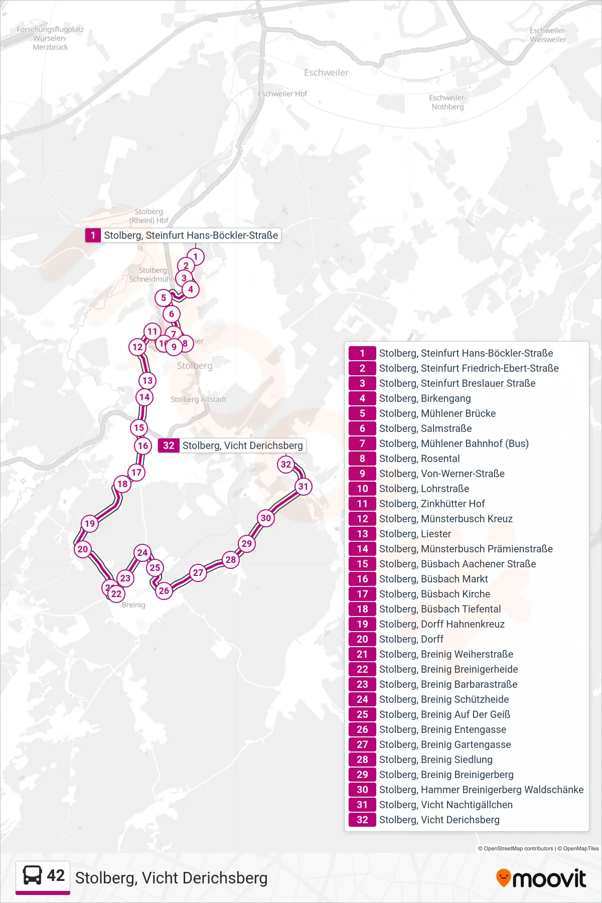 Linie 42 (Bus) Richtung Stolberg, Vicht Derichsberg: Route und Haltestellen auf der Karte
