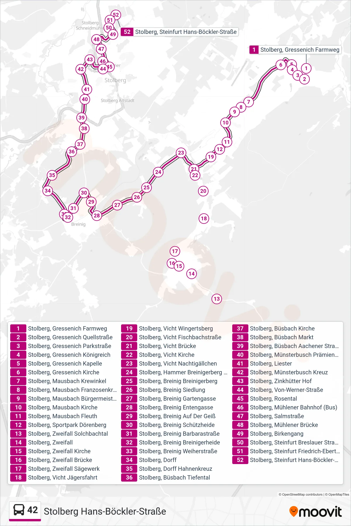 Linie 42 (Bus) Richtung Stolberg Hans-Böckler-Straße: Route und Haltestellen auf der Karte