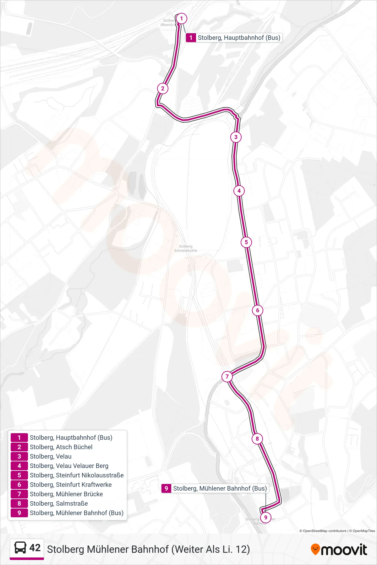 Linie 42 (Bus) Richtung Stolberg Mühlener Bahnhof (Weiter Als Li. 12): Route und Haltestellen auf der Karte