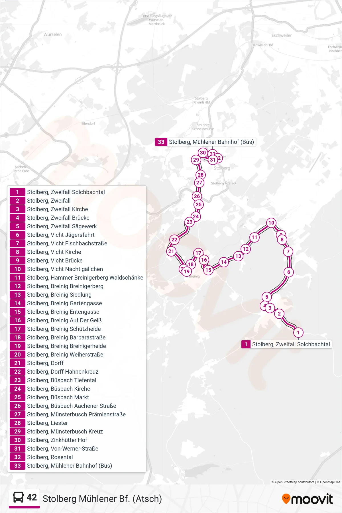 42 bus Line (Stolberg Mühlener Bf. (Atsch)) route and stops on a map
