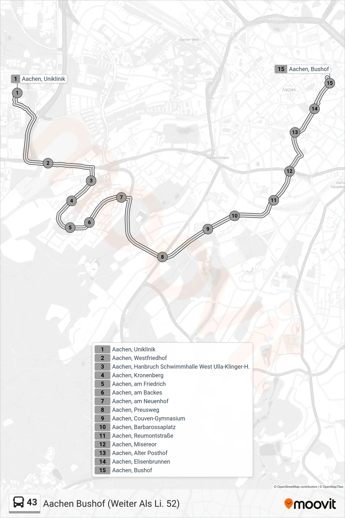 Linie 43 (Bus) Richtung Aachen Bushof (Weiter Als Li. 52): Route und Haltestellen auf der Karte
