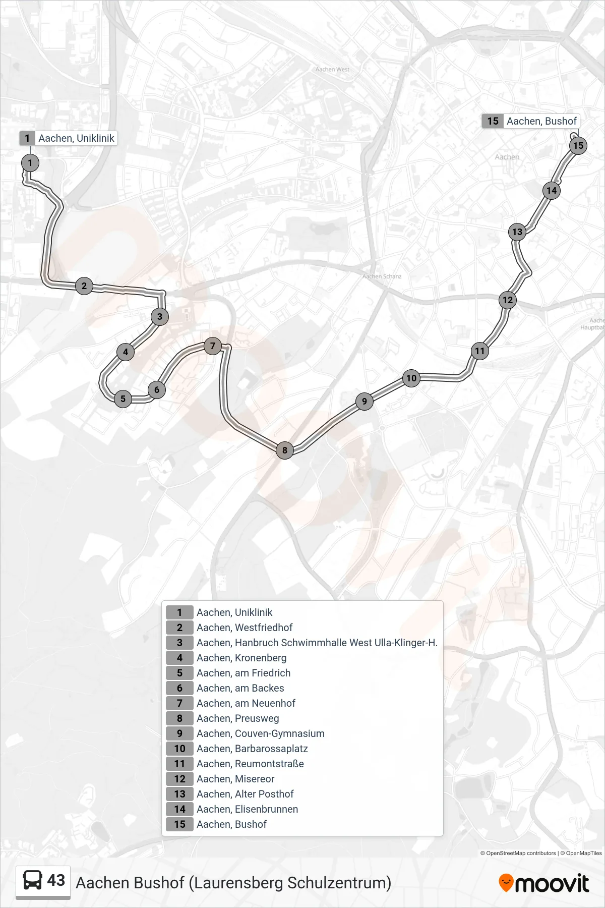Linie 43 (Bus) Richtung Aachen Bushof (Laurensberg Schulzentrum): Route und Haltestellen auf der Karte