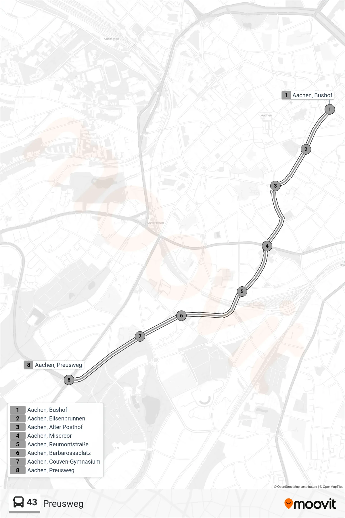 Linie 43 (Bus) Richtung Preusweg: Route und Haltestellen auf der Karte