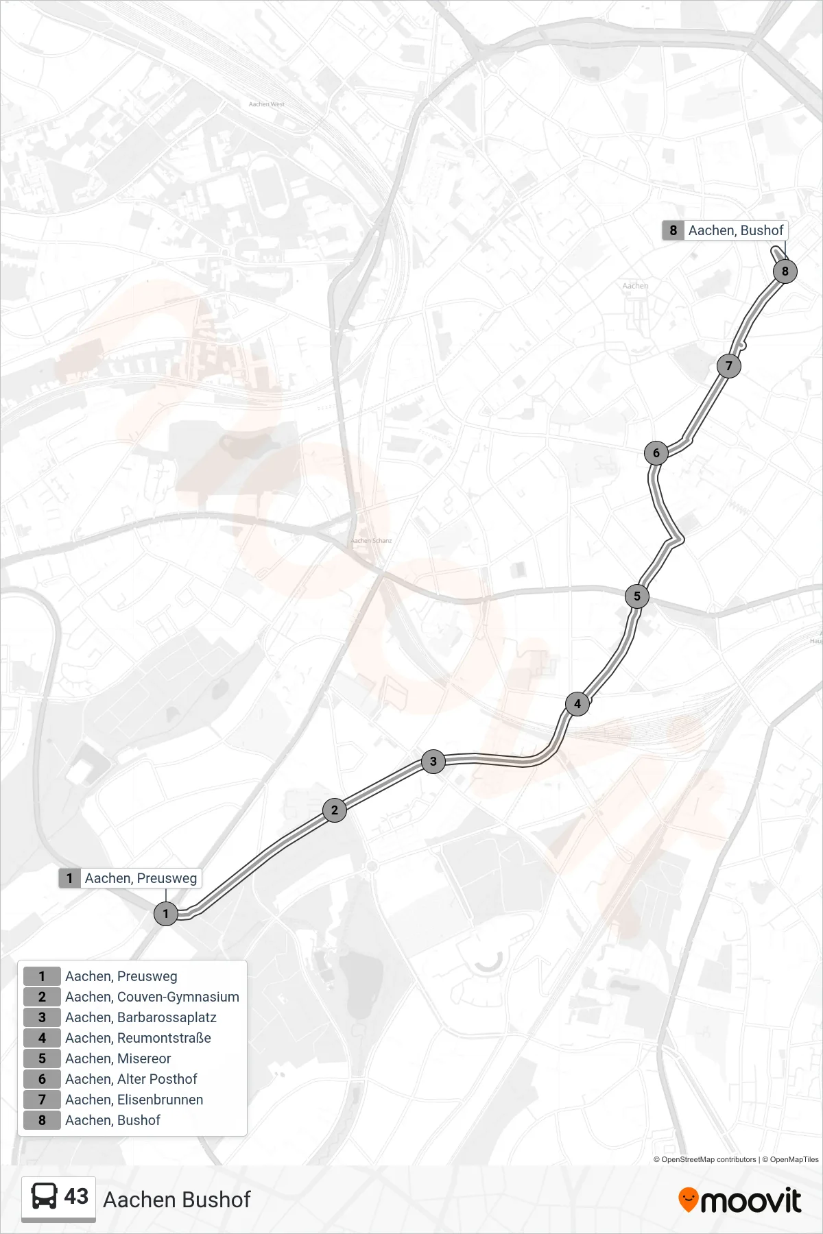 43 bus Line (Aachen Bushof) route and stops on a map