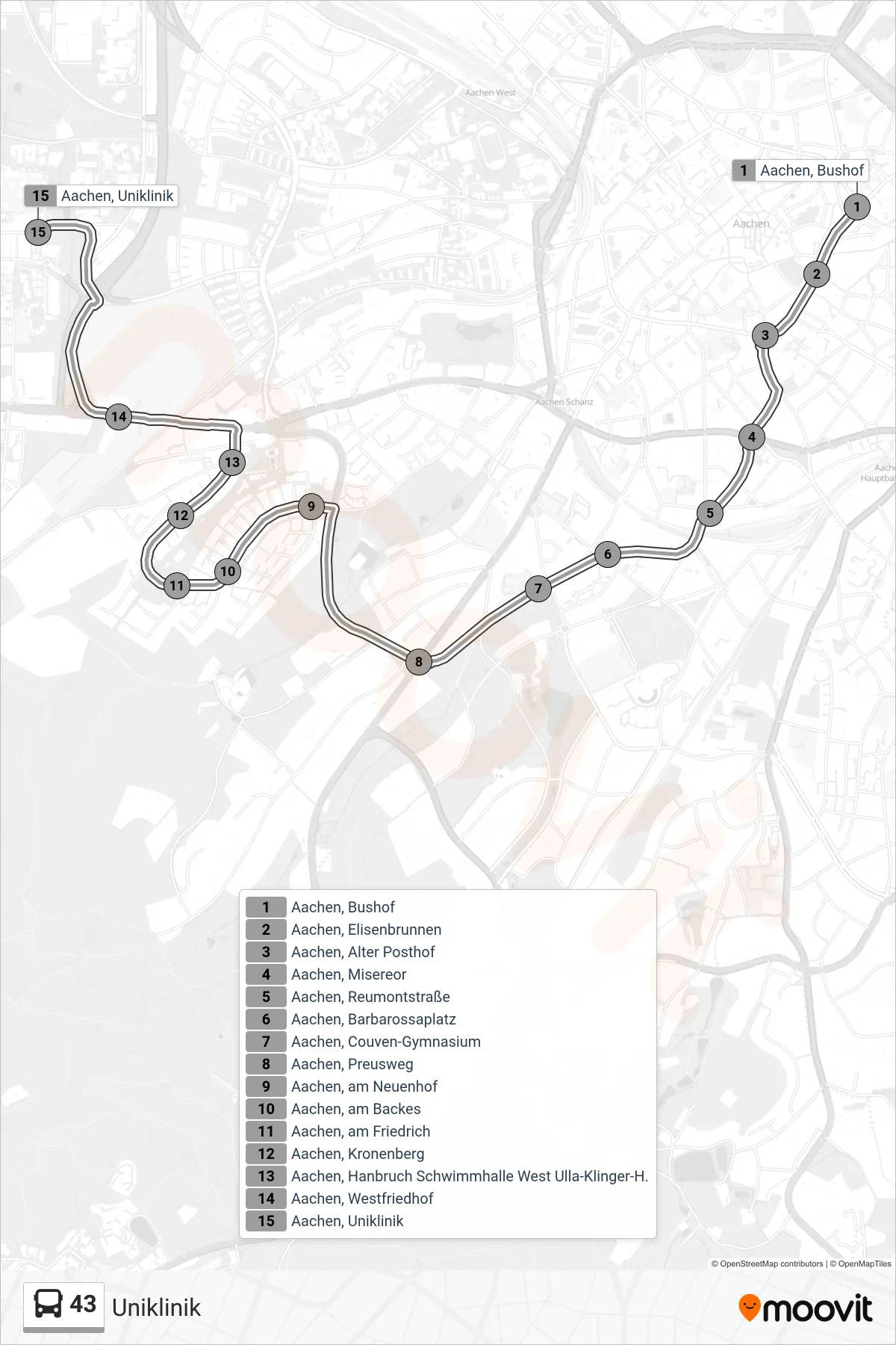 Linie 43 (Bus) Richtung Uniklinik: Route und Haltestellen auf der Karte