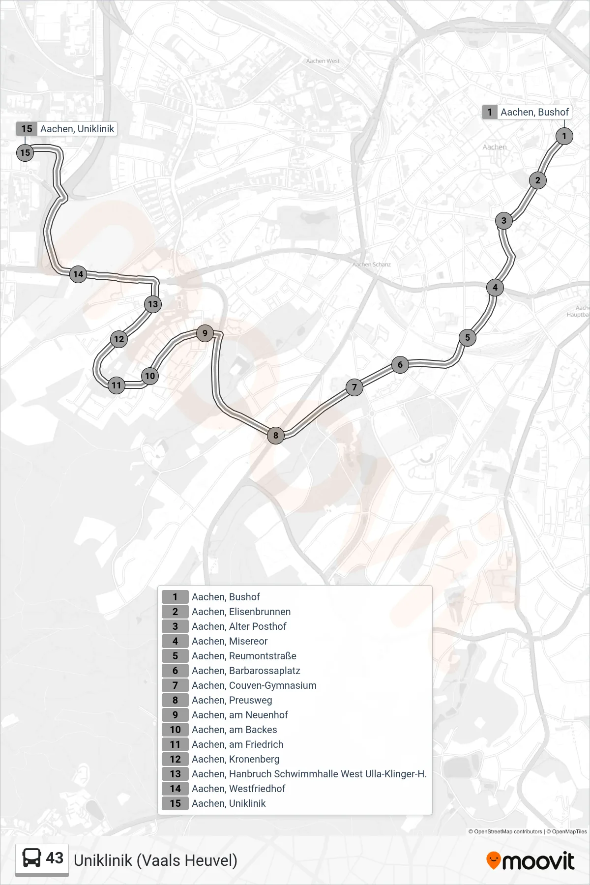 Linie 43 (Bus) Richtung Uniklinik (Vaals Heuvel): Route und Haltestellen auf der Karte