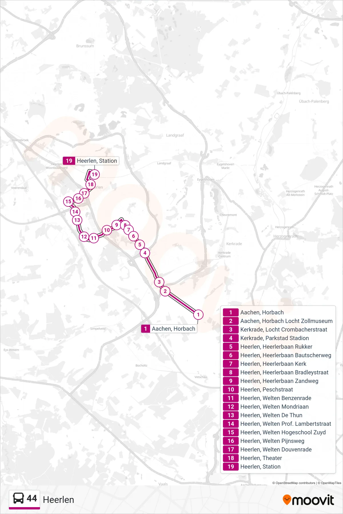 44 bus Line (Heerlen) route and stops on a map