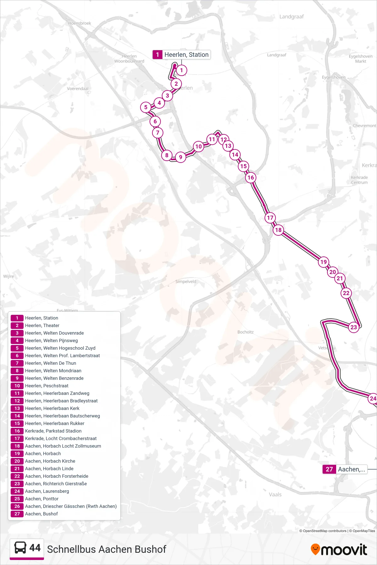 44 bus Line (Schnellbus Aachen Bushof) route and stops on a map