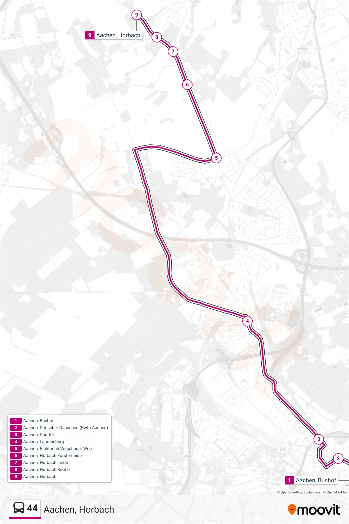 Linie 44 (Bus) Richtung Aachen, Horbach: Route und Haltestellen auf der Karte