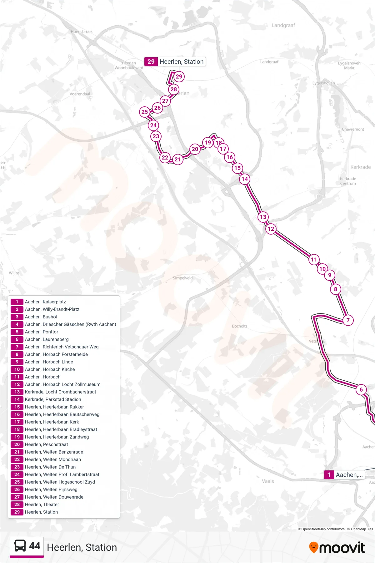 44 bus Line (Heerlen, Station) route and stops on a map