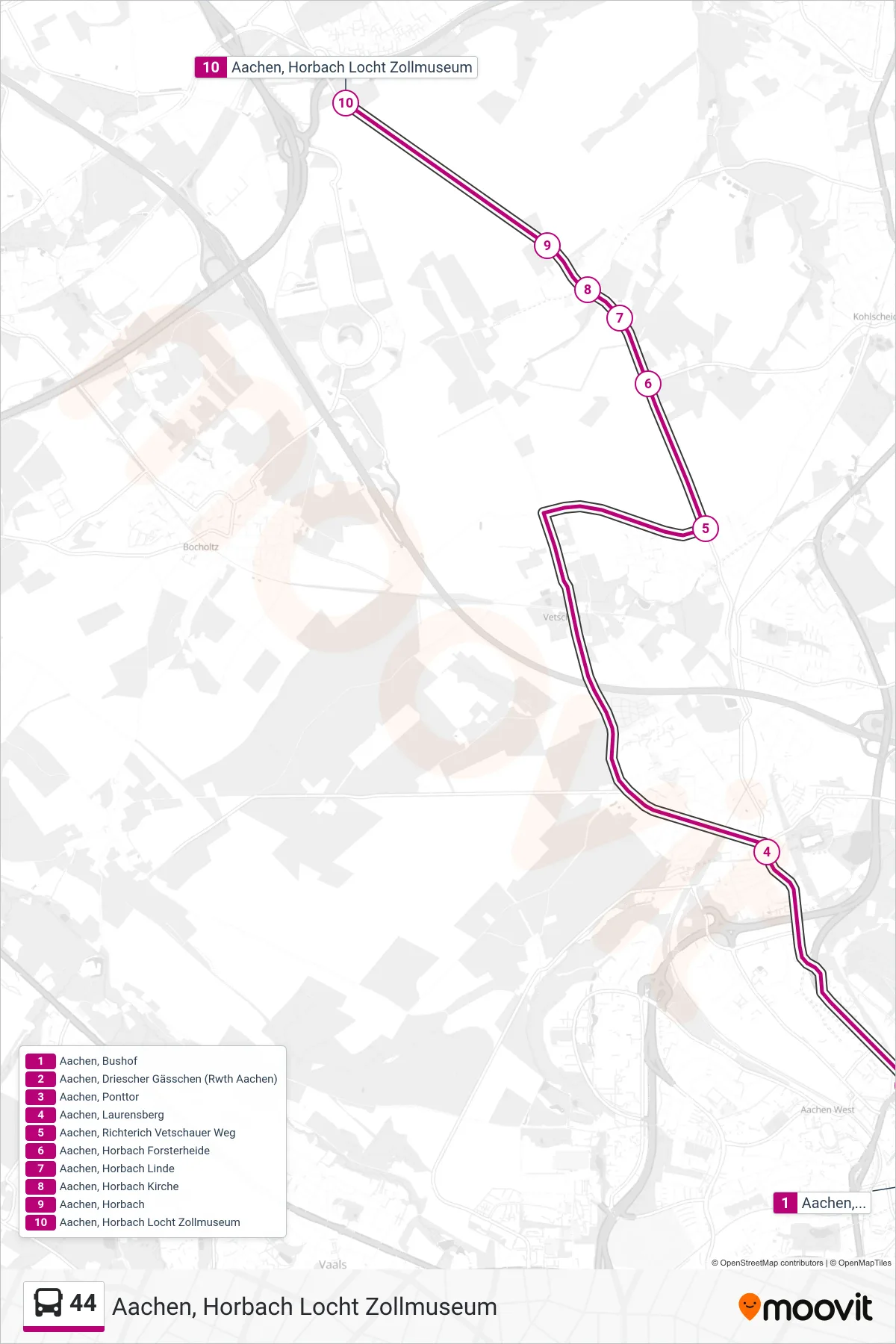 Linie 44 (Bus) Richtung Aachen, Horbach Locht Zollmuseum: Route und Haltestellen auf der Karte