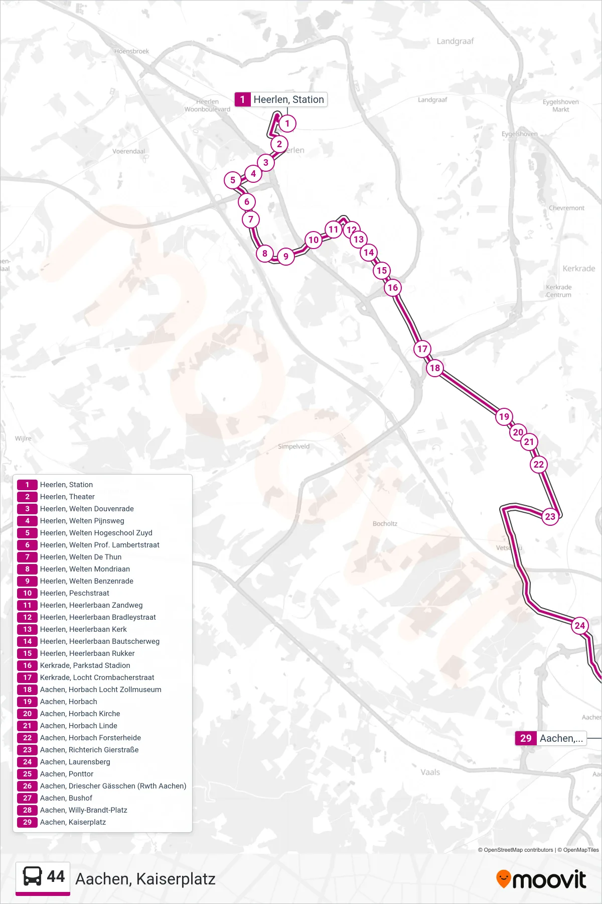 Linie 44 (Bus) Richtung Aachen, Kaiserplatz: Route und Haltestellen auf der Karte
