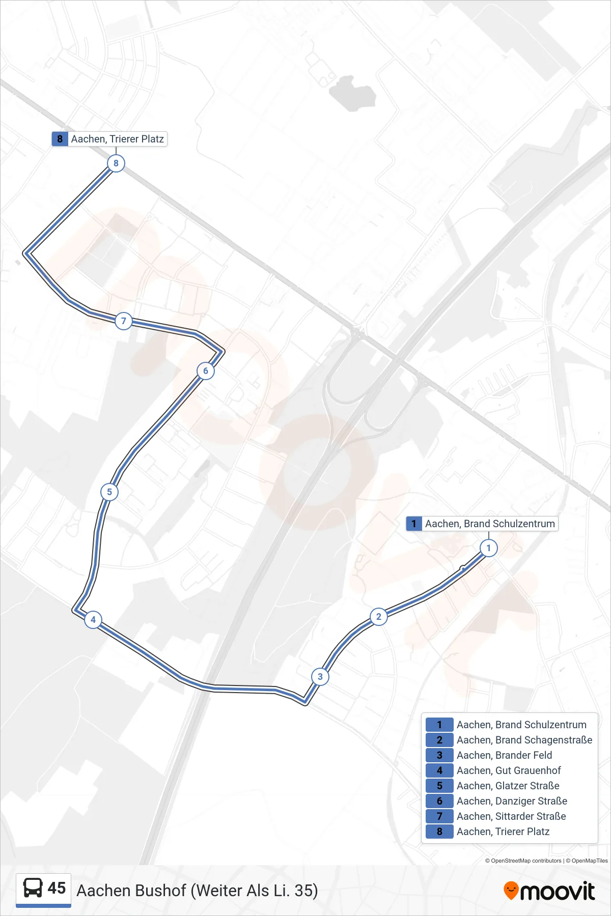 Linie 45 (Bus) Richtung Aachen Bushof (Weiter Als Li. 35): Route und Haltestellen auf der Karte
