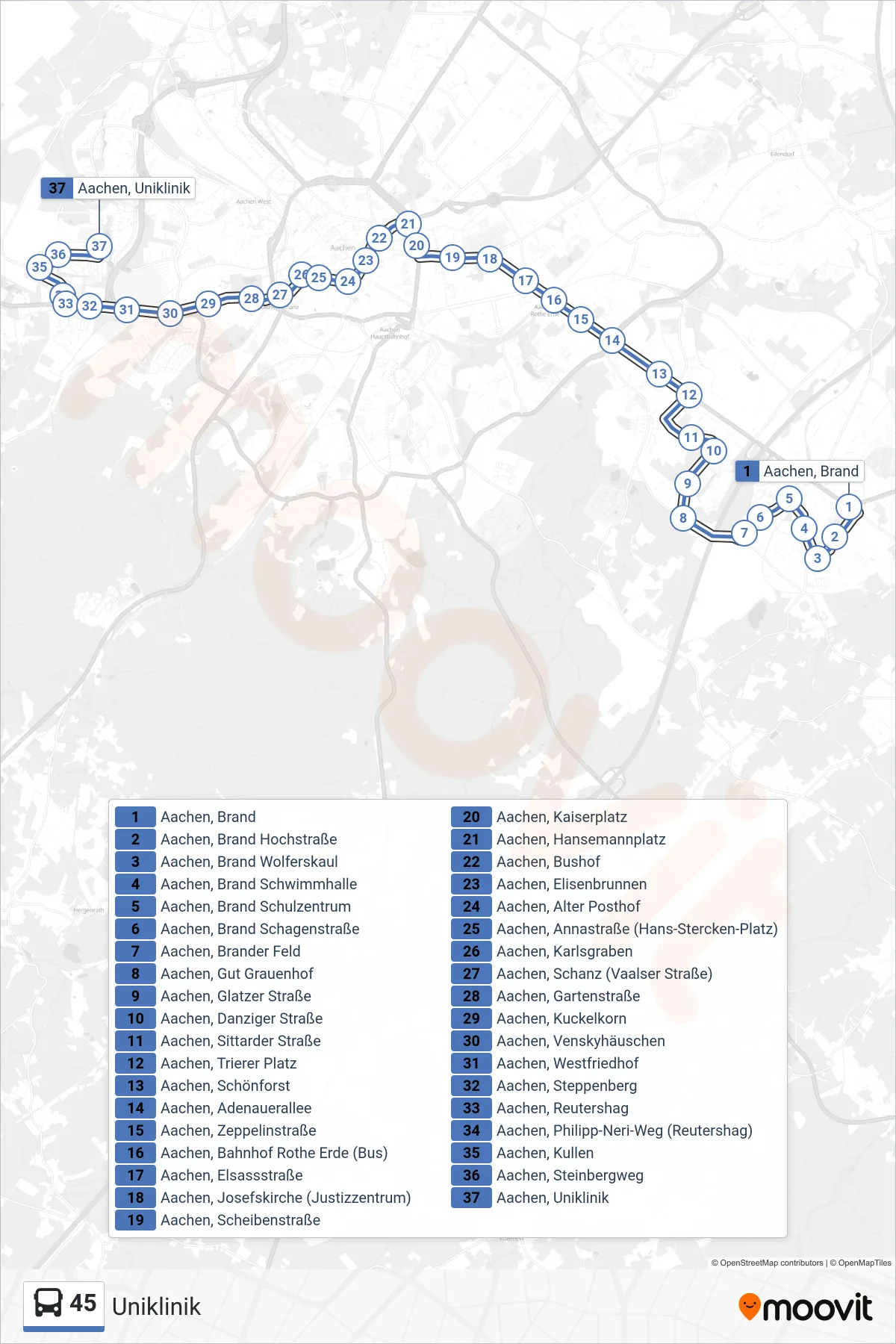 Linie 45 (Bus) Richtung Uniklinik: Route und Haltestellen auf der Karte