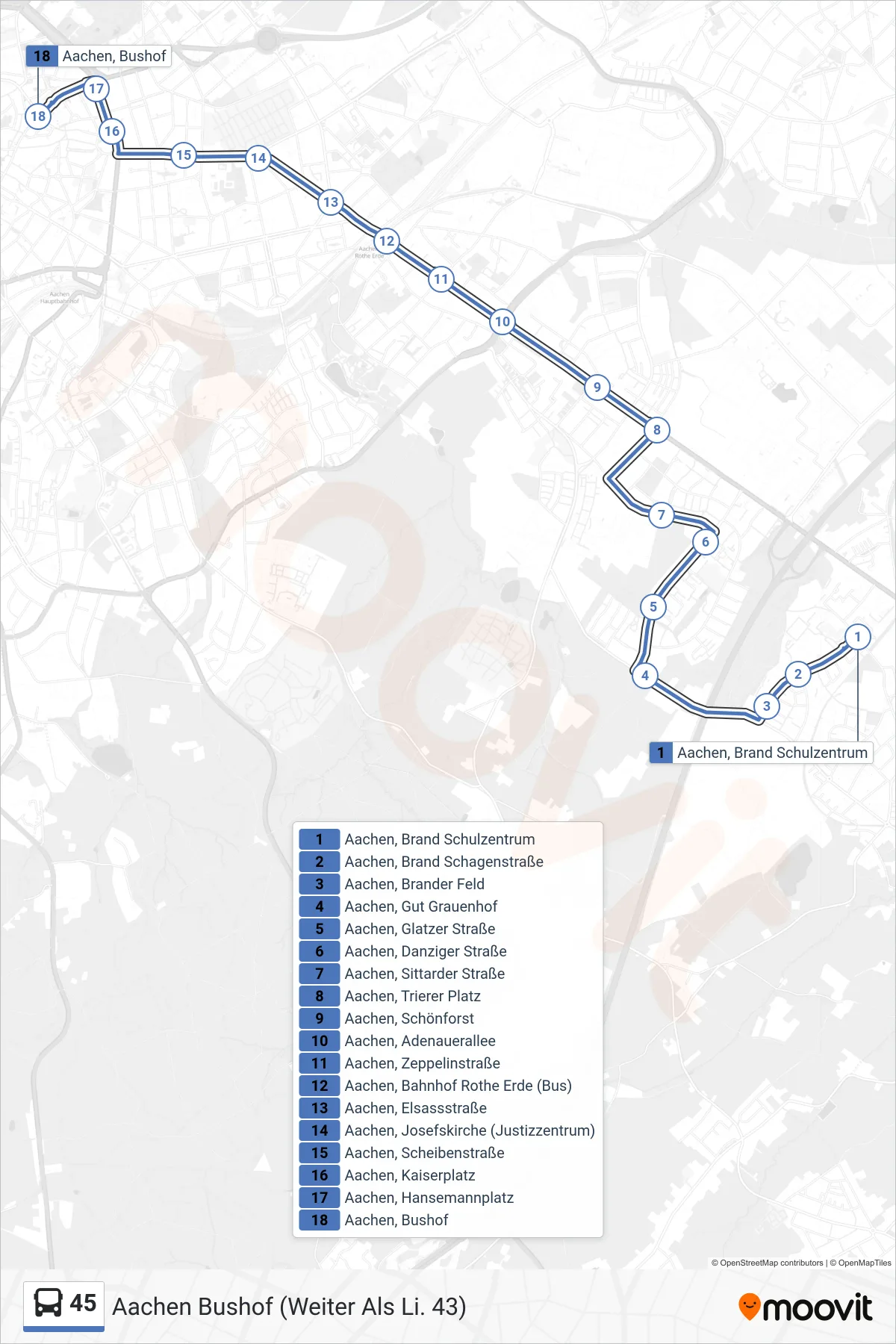 Linie 45 (Bus) Richtung Aachen Bushof (Weiter Als Li. 43): Route und Haltestellen auf der Karte