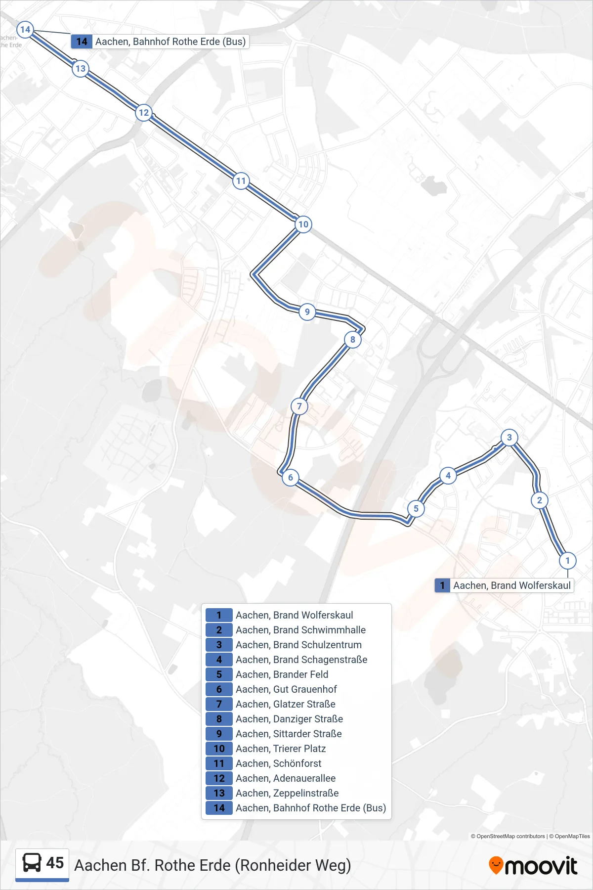 Linie 45 (Bus) Richtung Aachen Bf. Rothe Erde (Ronheider Weg): Route und Haltestellen auf der Karte