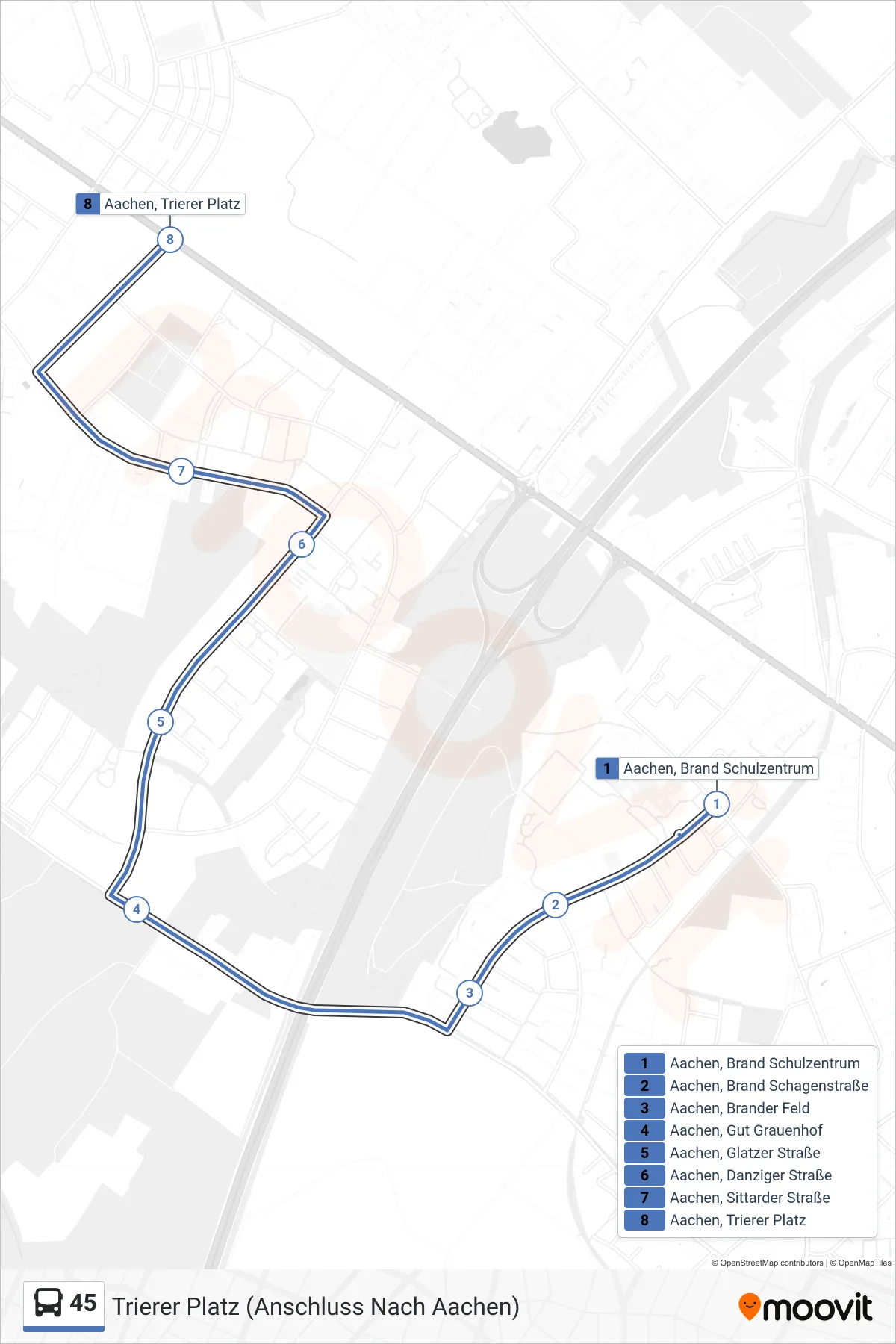 Linie 45 (Bus) Richtung Trierer Platz (Anschluss Nach Aachen): Route und Haltestellen auf der Karte