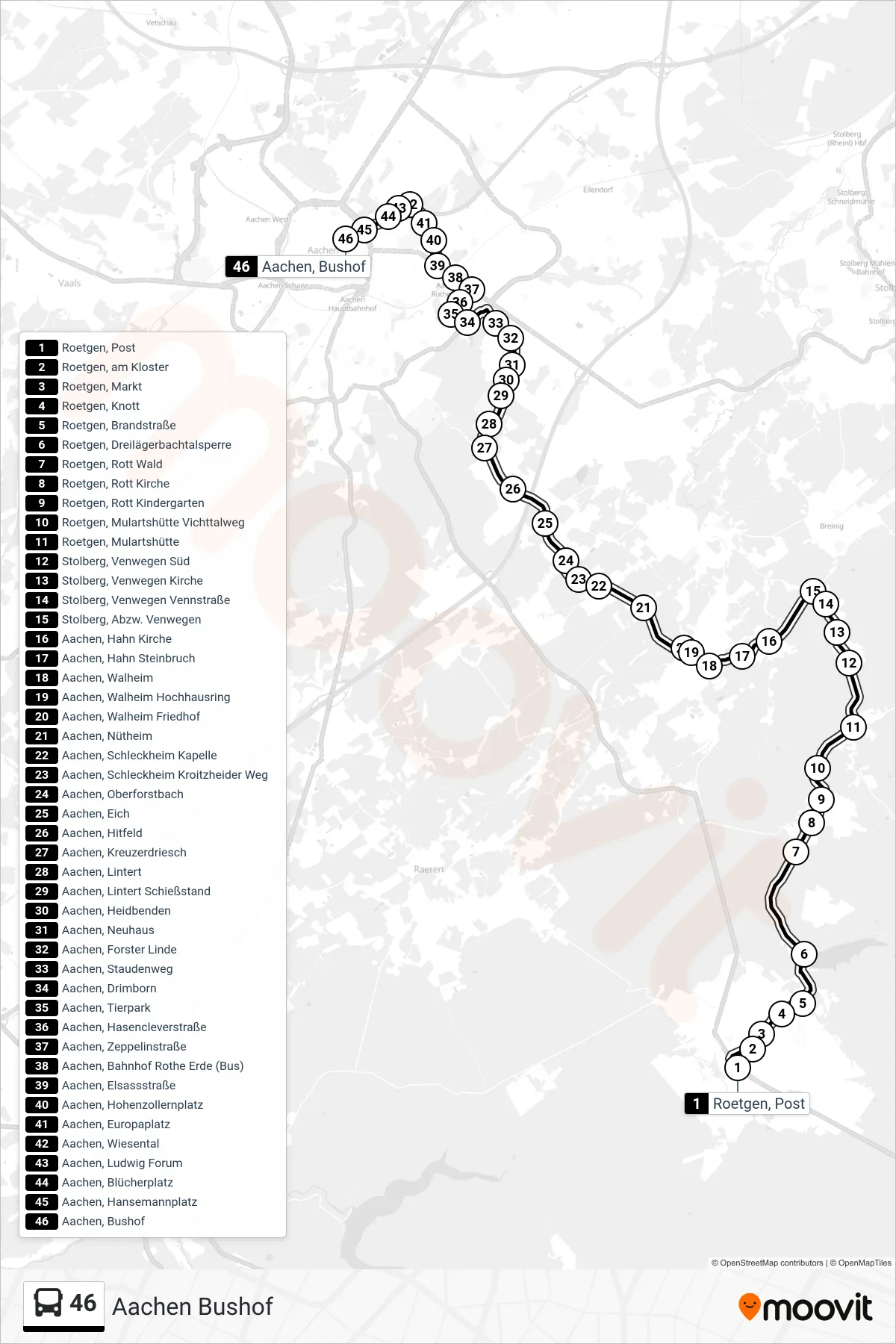 Linie 46 (Bus) Richtung Aachen Bushof: Route und Haltestellen auf der Karte