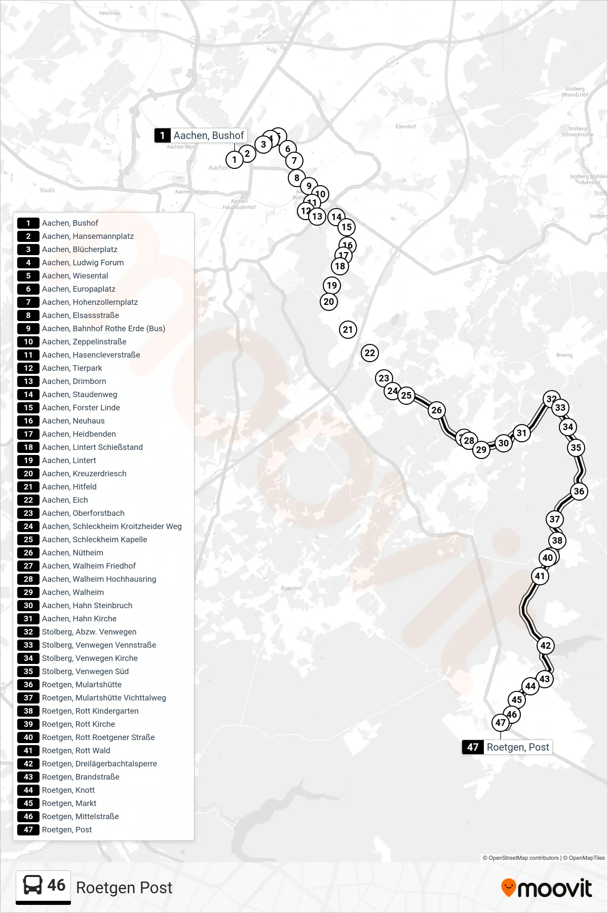 Linie 46 (Bus) Richtung Roetgen Post: Route und Haltestellen auf der Karte