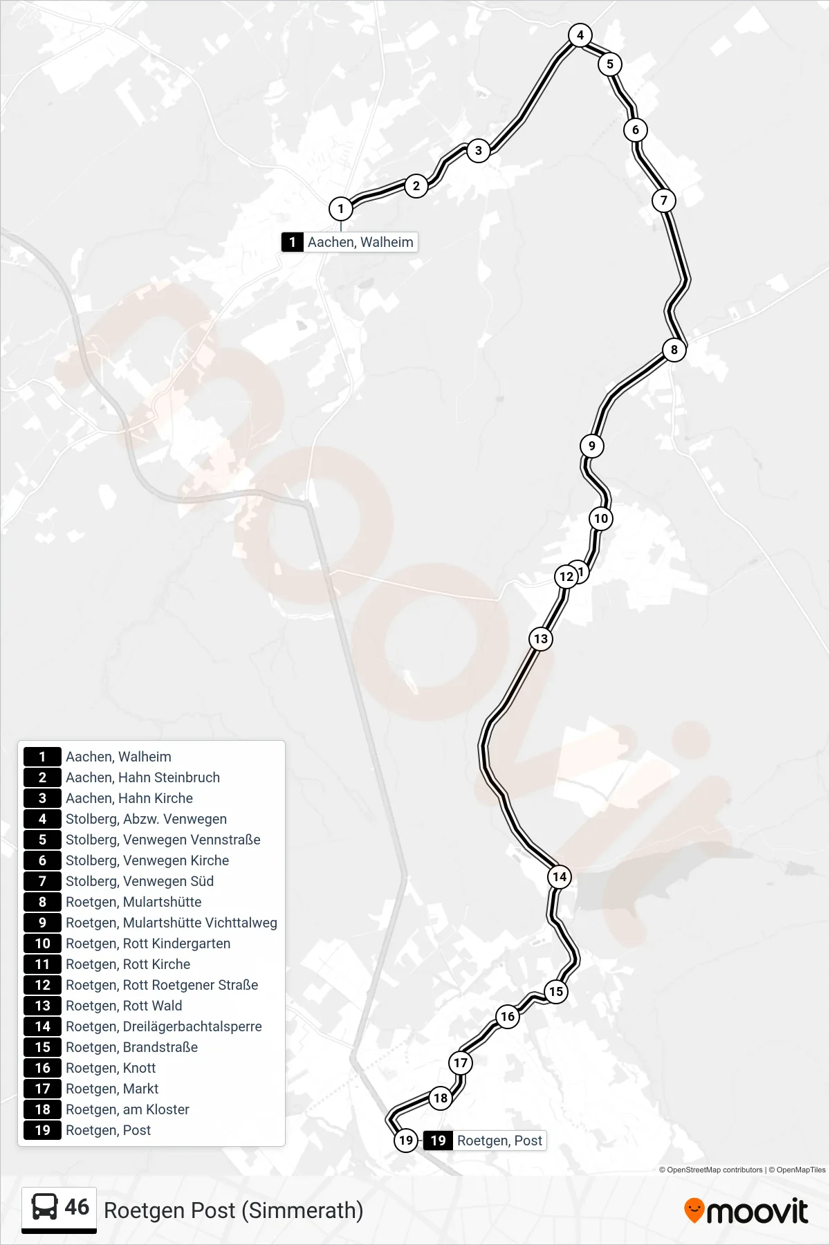46 bus Line (Roetgen Post (Simmerath)) route and stops on a map