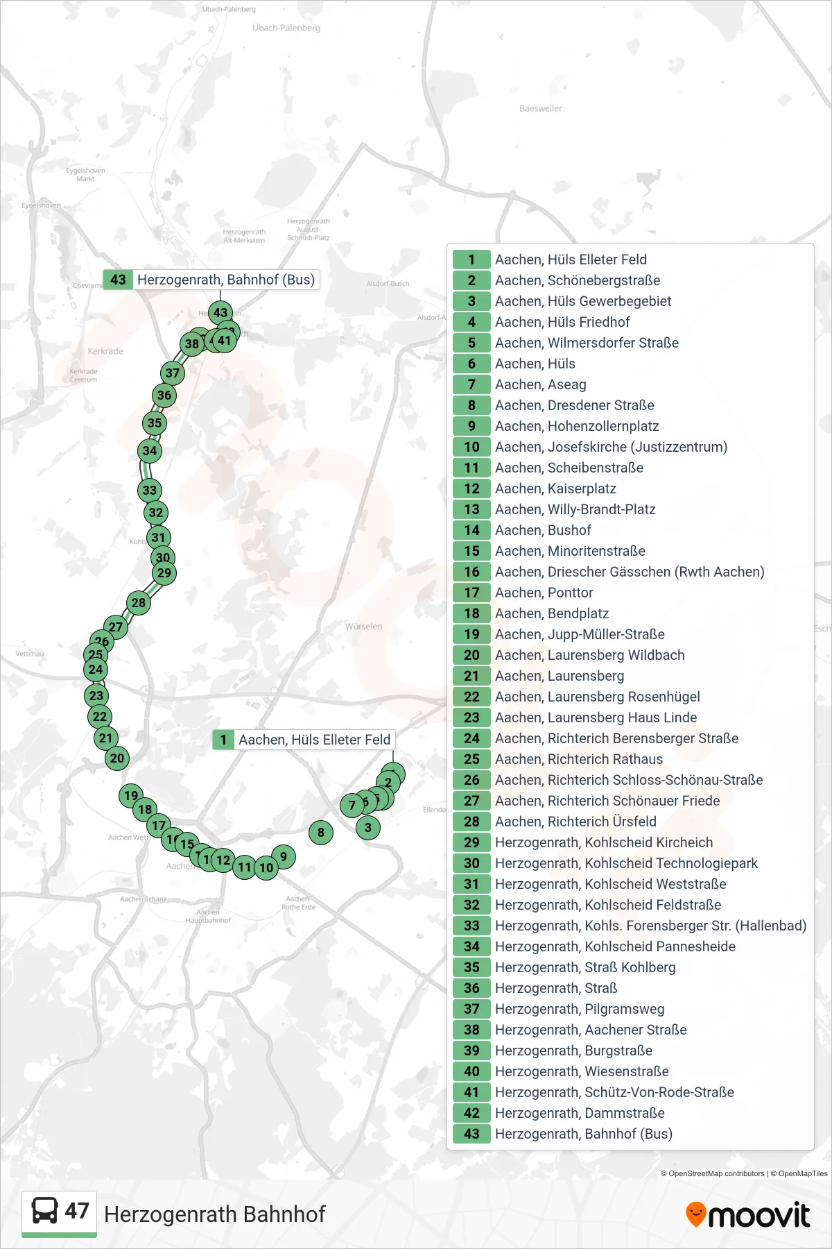 Linie 47 (Bus) Richtung Herzogenrath Bahnhof: Route und Haltestellen auf der Karte