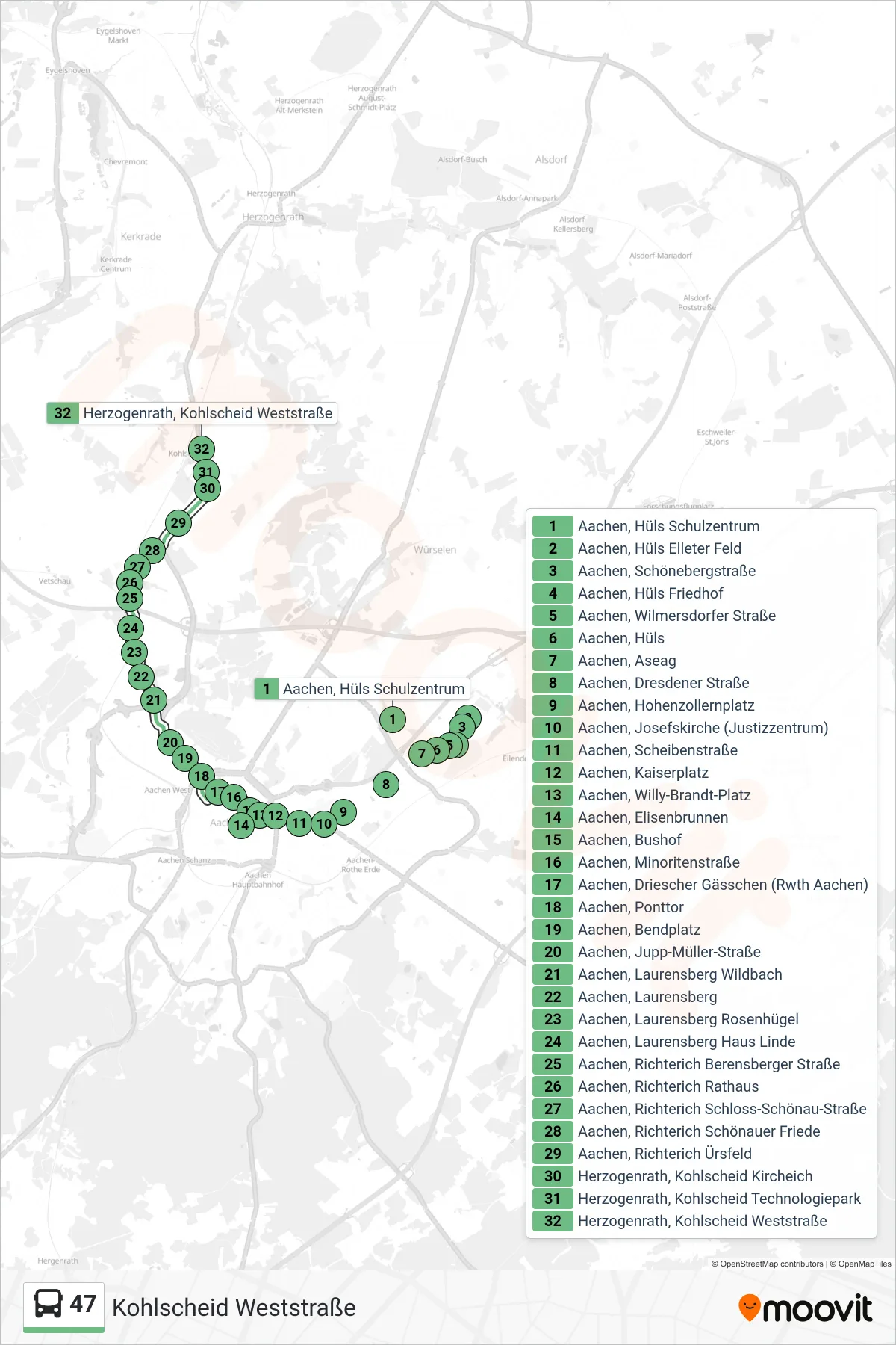 Linie 47 (Bus) Richtung Kohlscheid Weststraße: Route und Haltestellen auf der Karte
