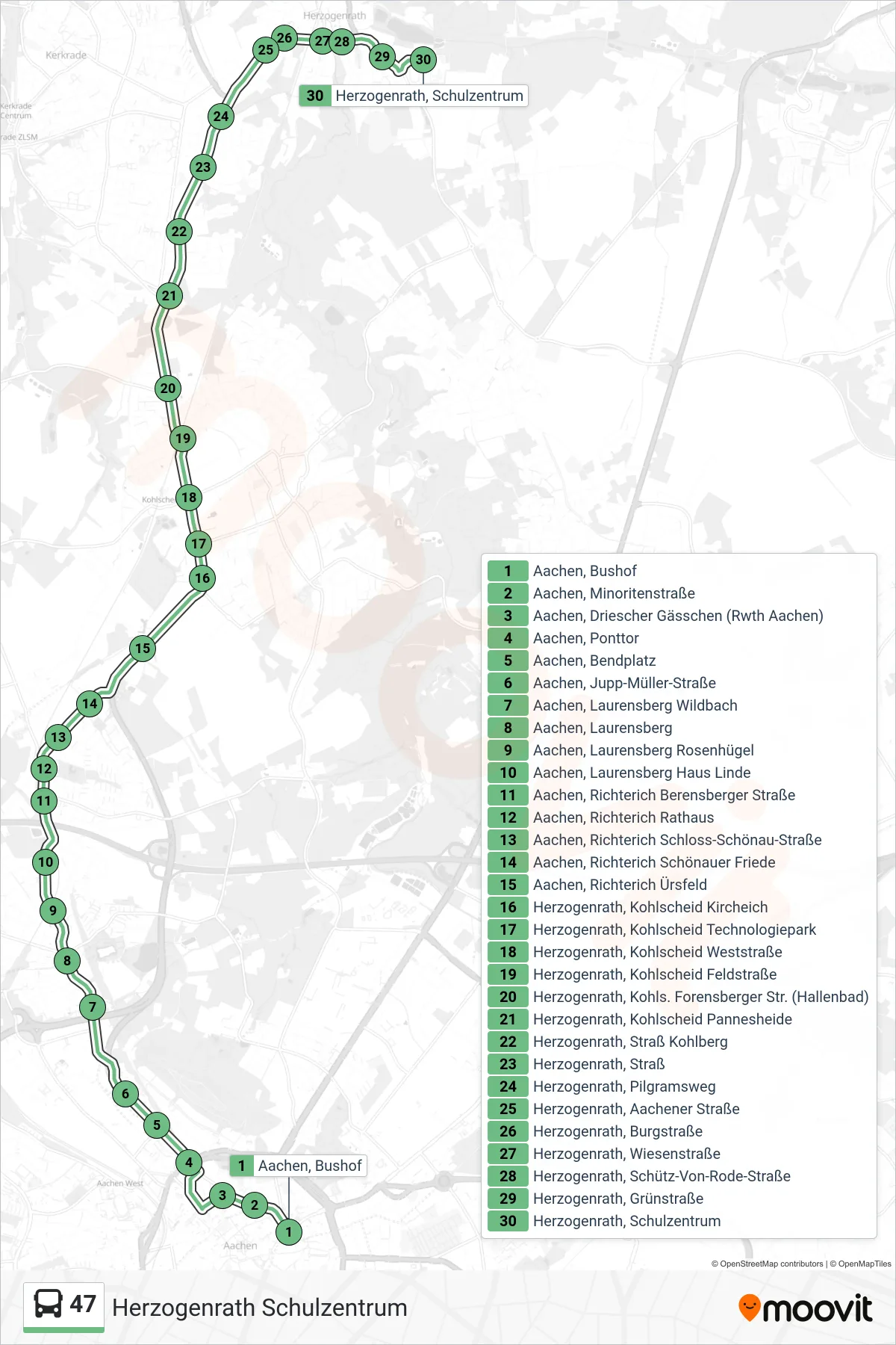 Linie 47 (Bus) Richtung Herzogenrath Schulzentrum: Route und Haltestellen auf der Karte