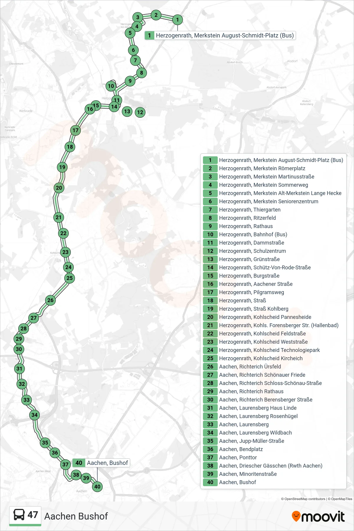 Linie 47 (Bus) Richtung Aachen Bushof: Route und Haltestellen auf der Karte