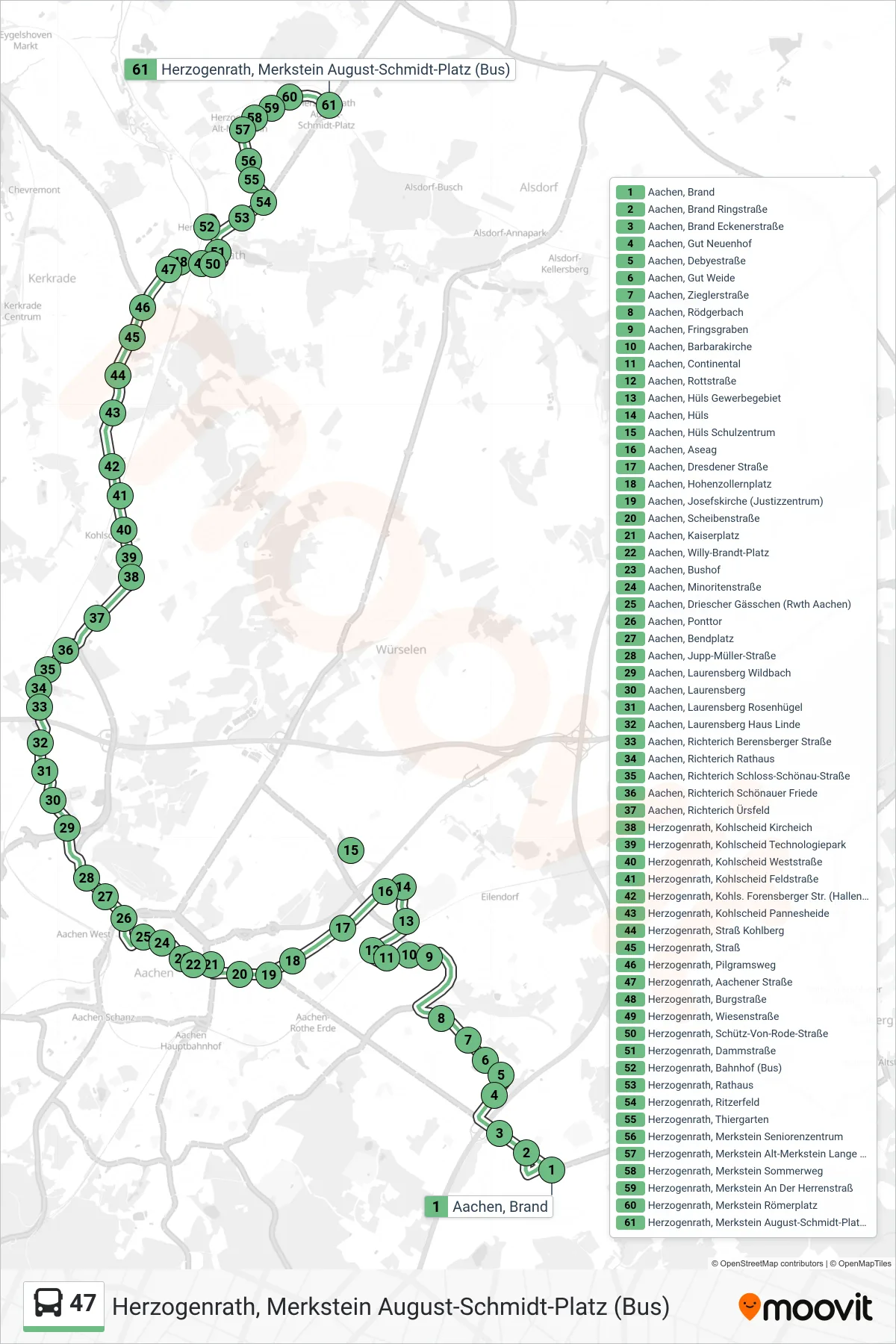 Linie 47 (Bus) Richtung Herzogenrath, Merkstein August-Schmidt-Platz (Bus): Route und Haltestellen auf der Karte