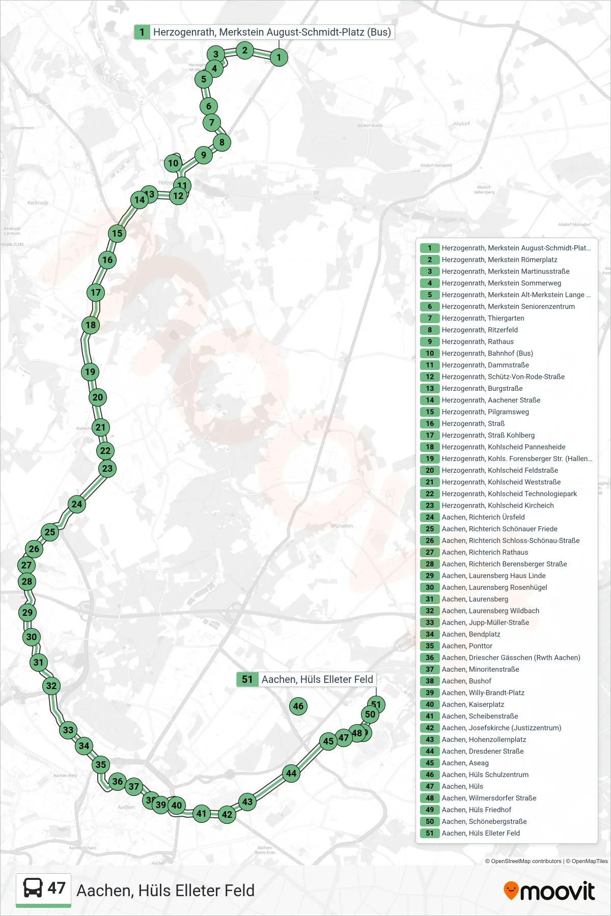 Linie 47 (Bus) Richtung Aachen, Hüls Elleter Feld: Route und Haltestellen auf der Karte