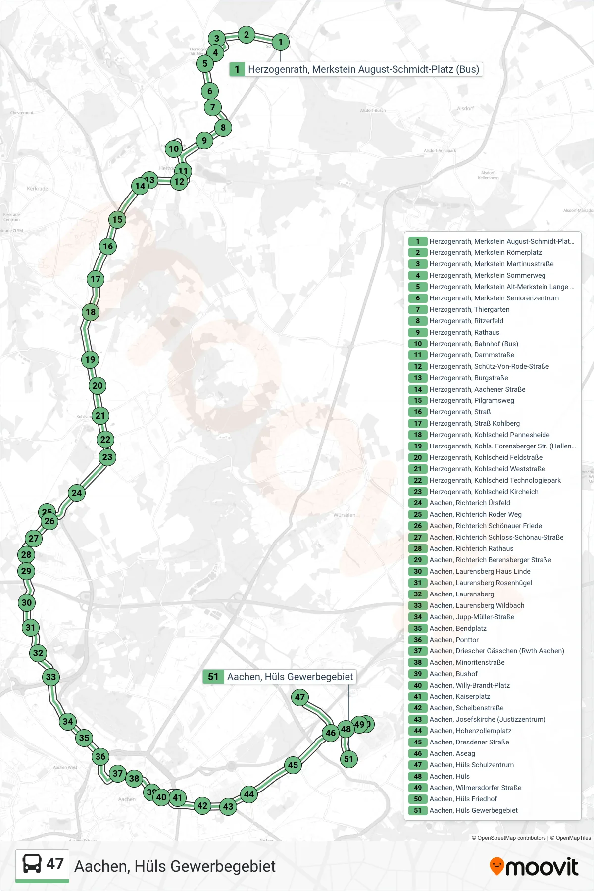 Linie 47 (Bus) Richtung Aachen, Hüls Gewerbegebiet: Route und Haltestellen auf der Karte
