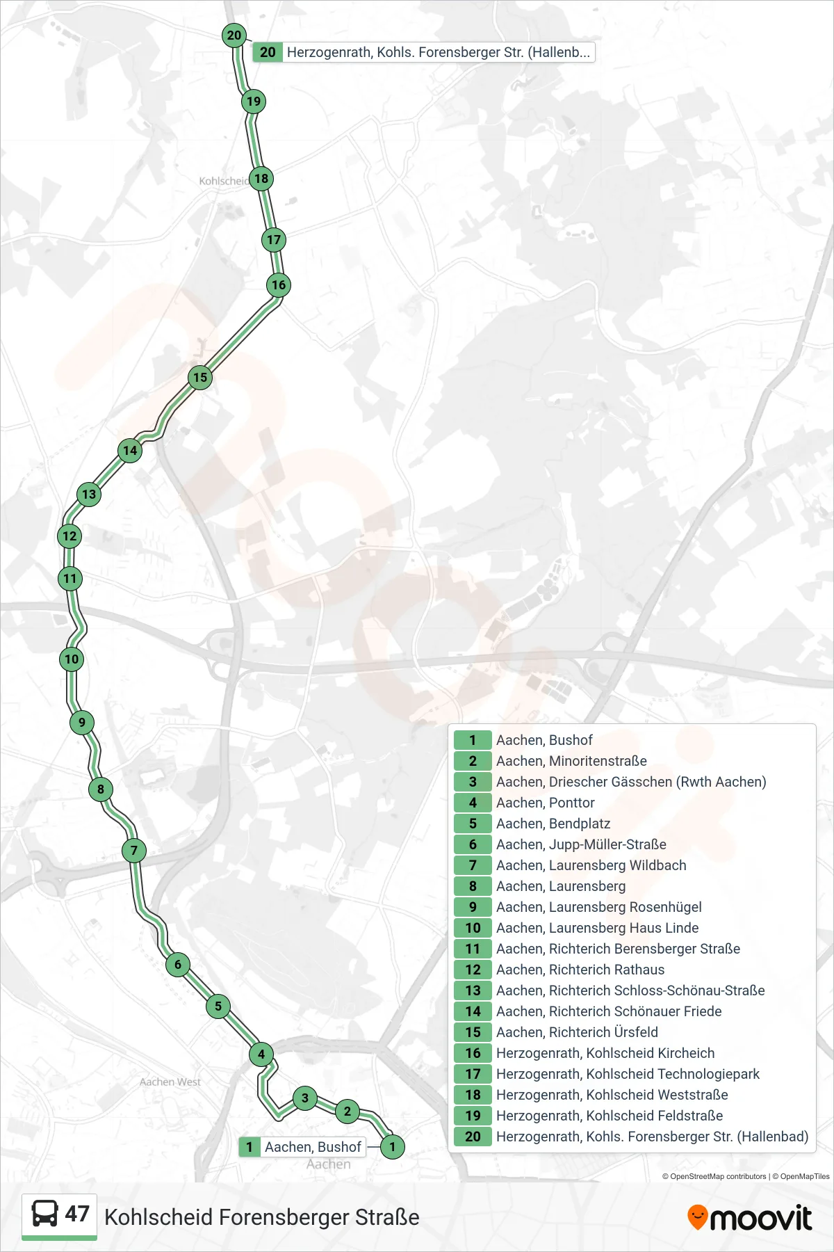 Linie 47 (Bus) Richtung Kohlscheid Forensberger Straße: Route und Haltestellen auf der Karte