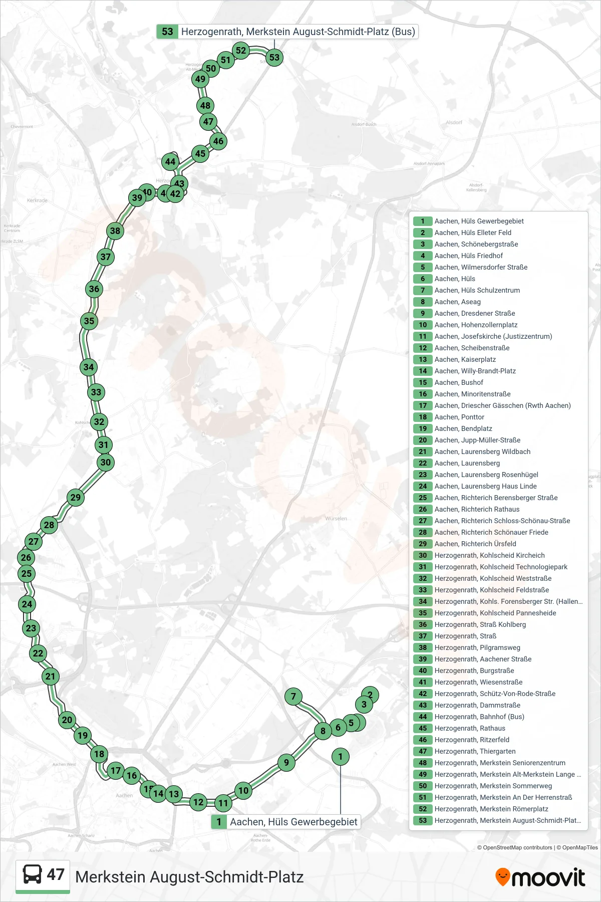 Linie 47 (Bus) Richtung Merkstein August-Schmidt-Platz: Route und Haltestellen auf der Karte