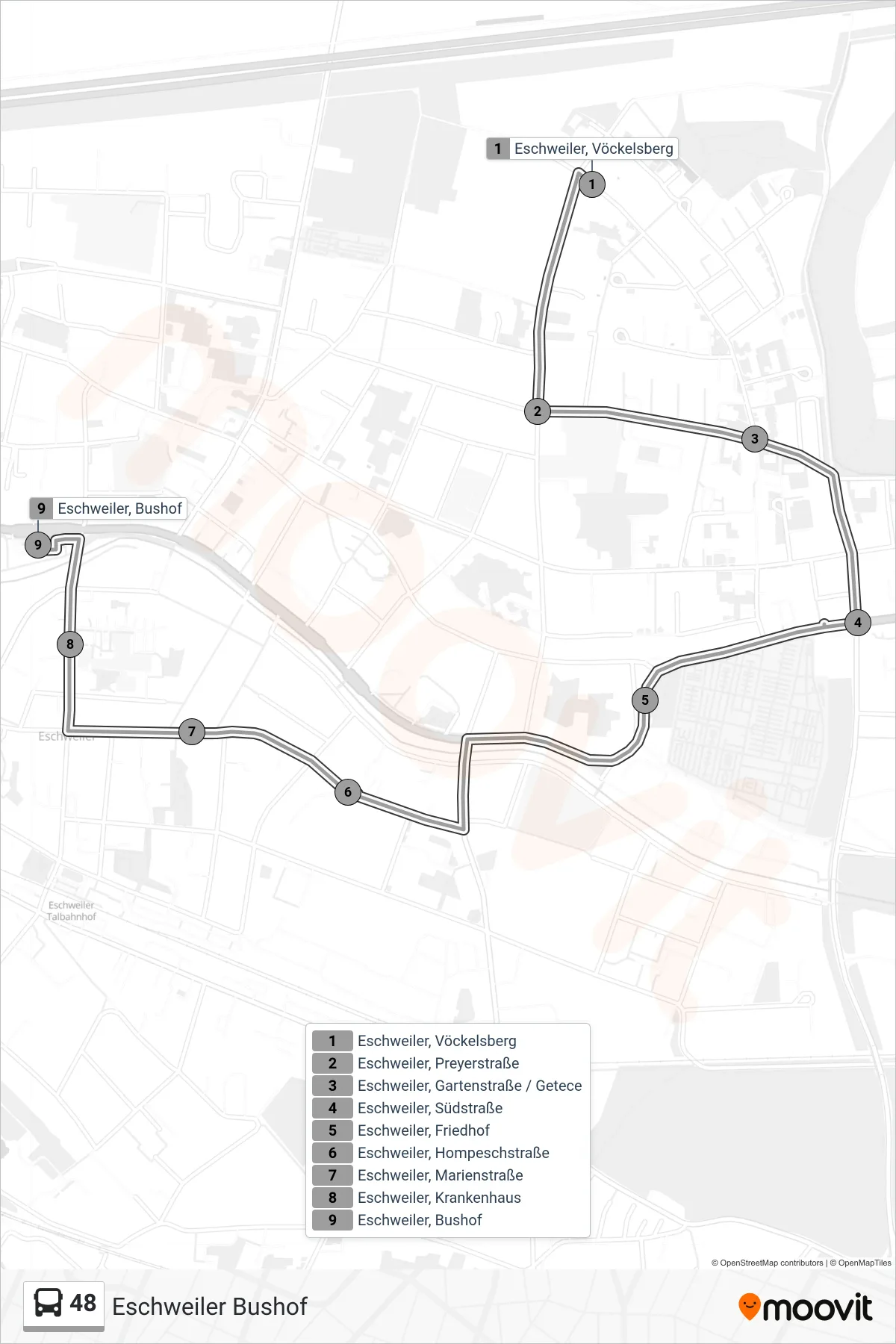Linie 48 (Bus) Richtung Eschweiler Bushof: Route und Haltestellen auf der Karte