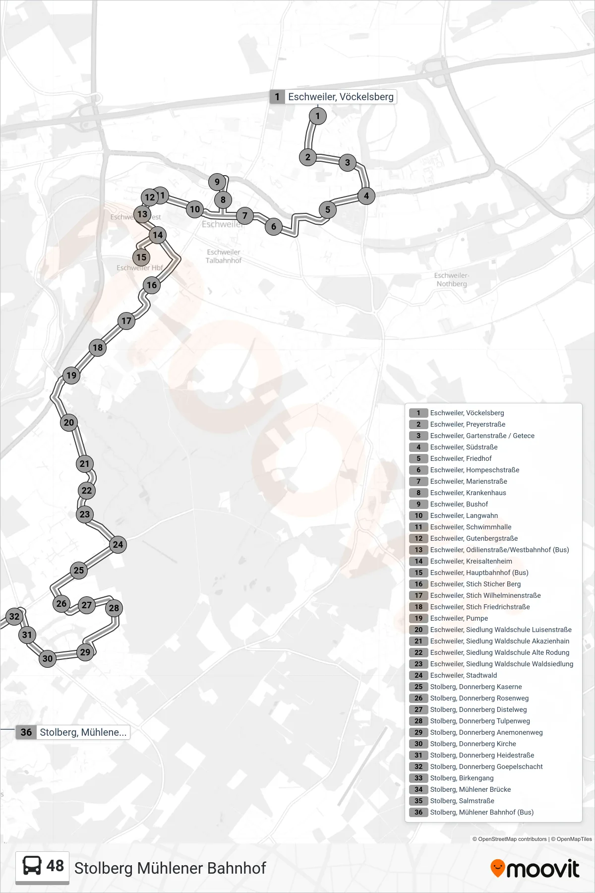 Linie 48 (Bus) Richtung Stolberg Mühlener Bahnhof: Route und Haltestellen auf der Karte