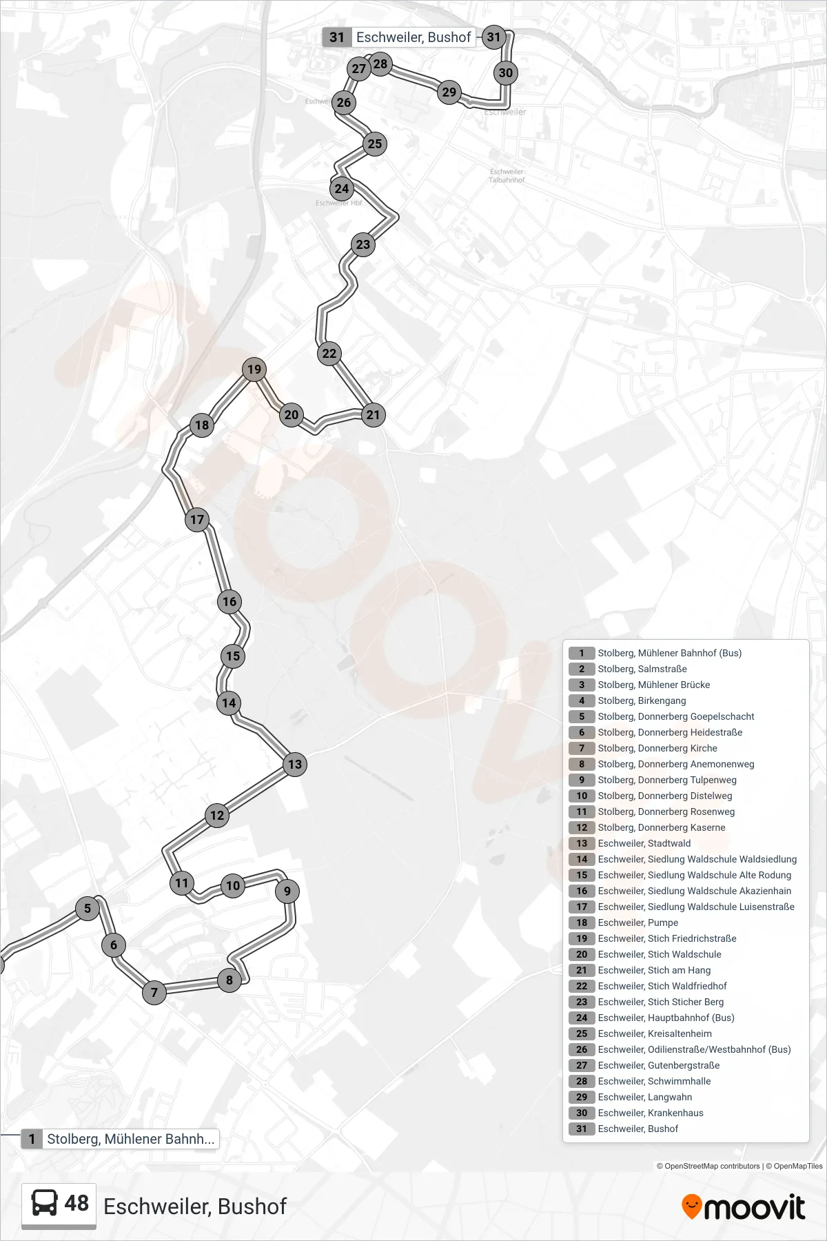 Linie 48 (Bus) Richtung Eschweiler, Bushof: Route und Haltestellen auf der Karte
