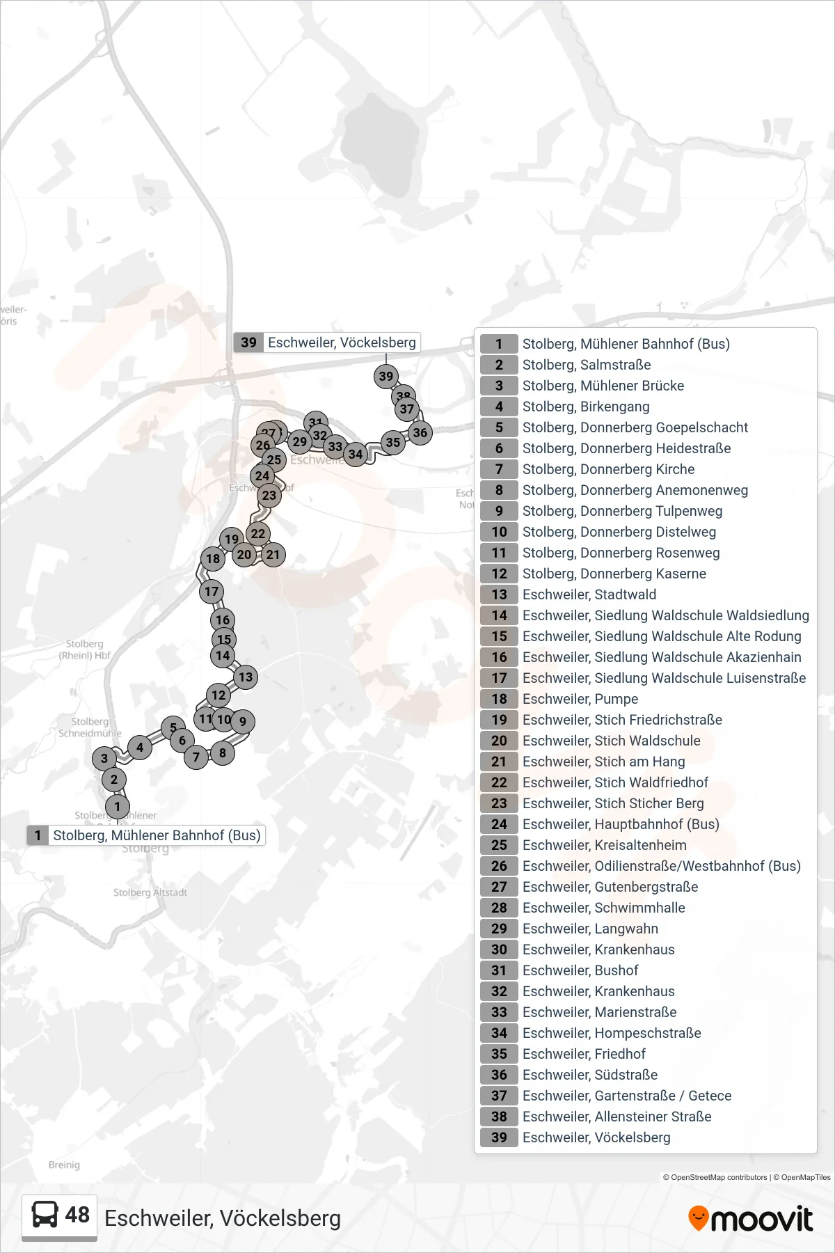 Linie 48 (Bus) Richtung Eschweiler, Vöckelsberg: Route und Haltestellen auf der Karte