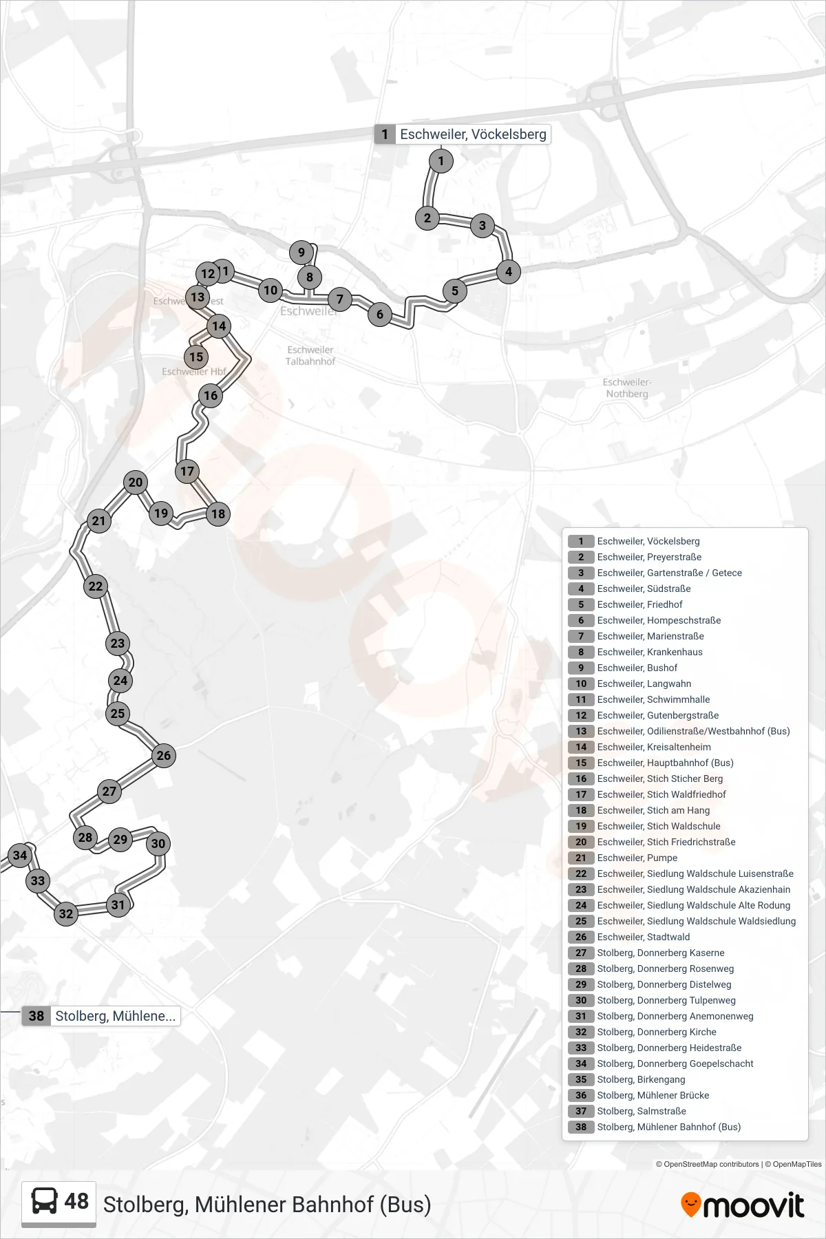 Linie 48 (Bus) Richtung Stolberg, Mühlener Bahnhof (Bus): Route und Haltestellen auf der Karte