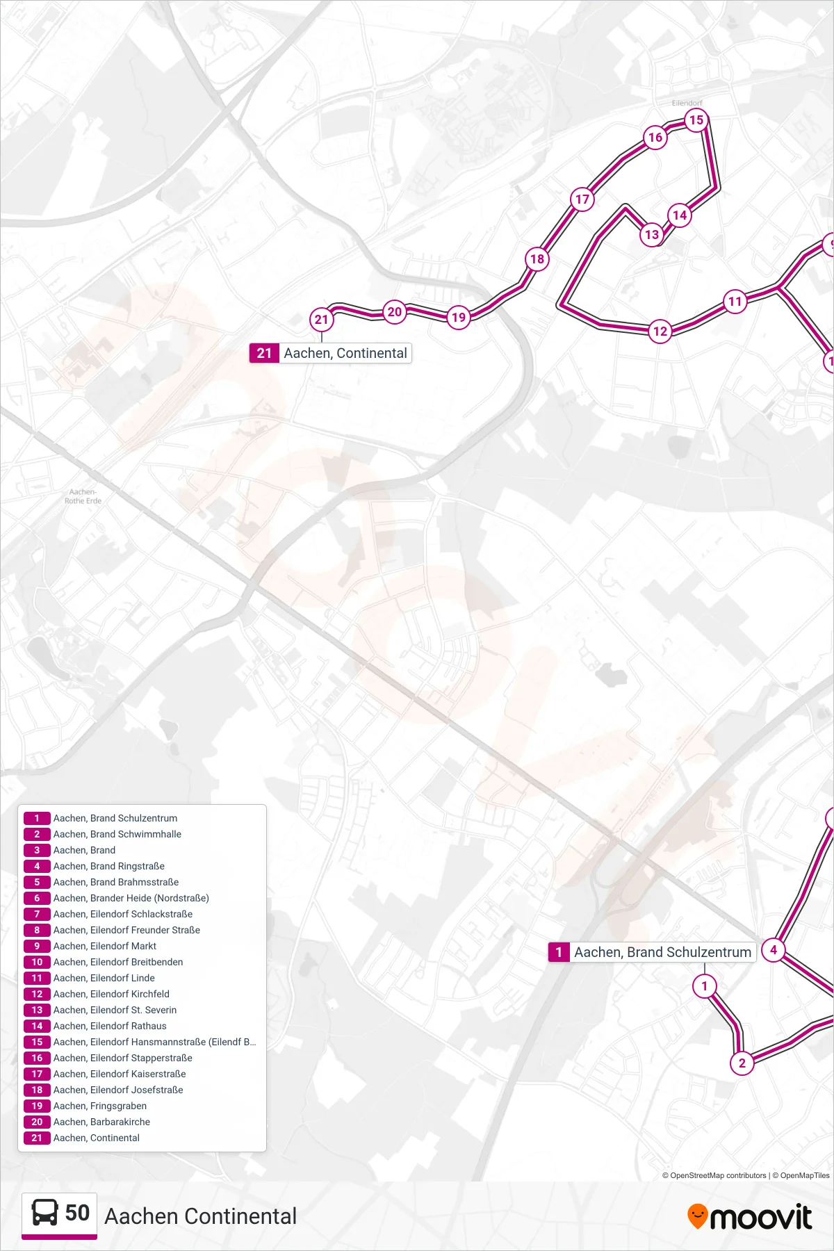 Linie 50 (Bus) Richtung Aachen Continental: Route und Haltestellen auf der Karte