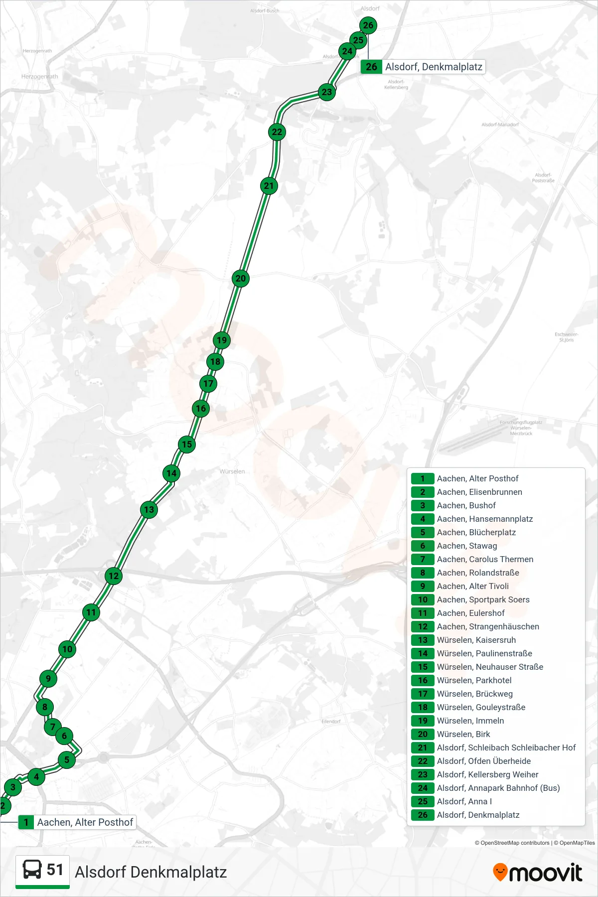 51 bus Line (Alsdorf Denkmalplatz) route and stops on a map