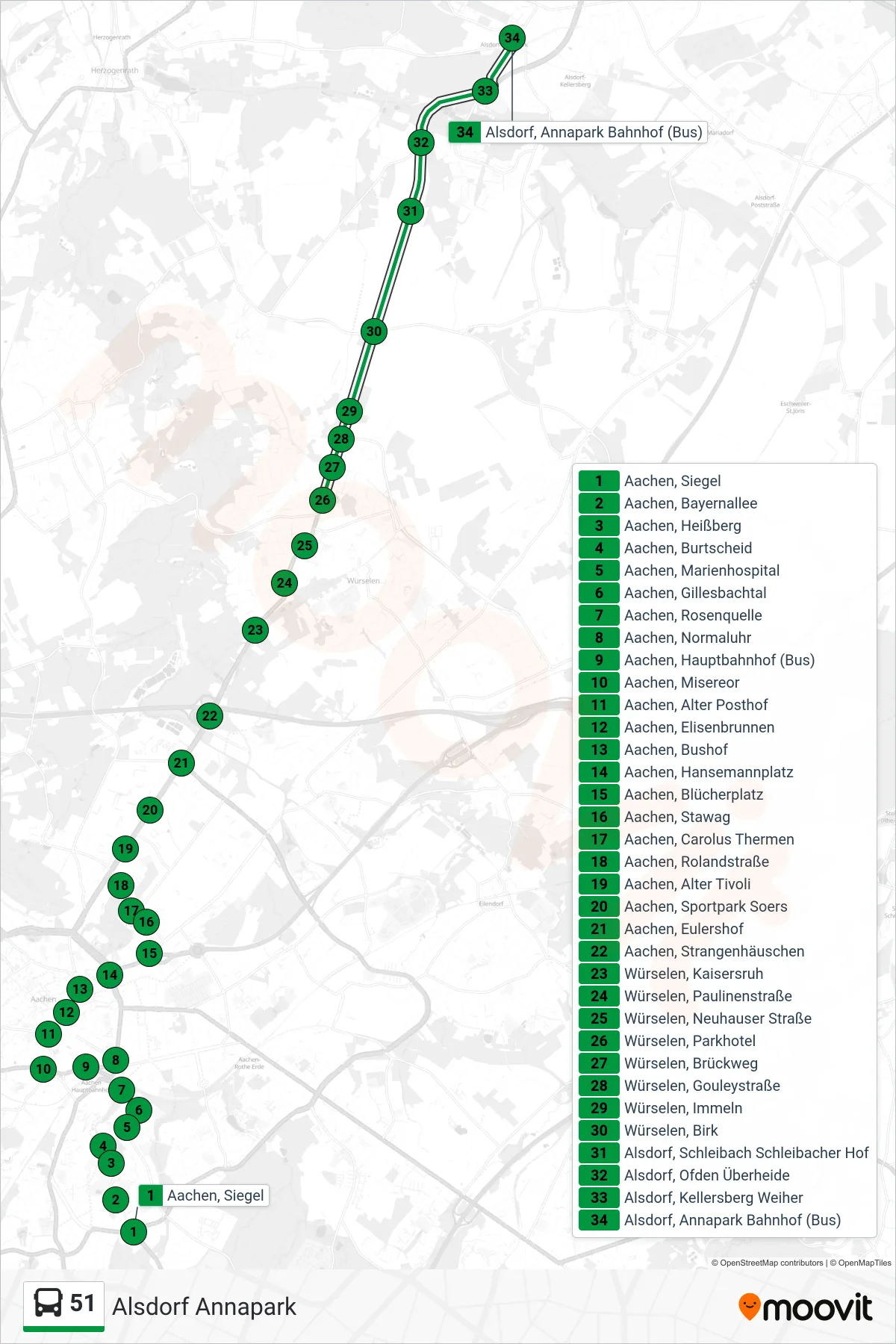 51 bus Line (Alsdorf Annapark) route and stops on a map