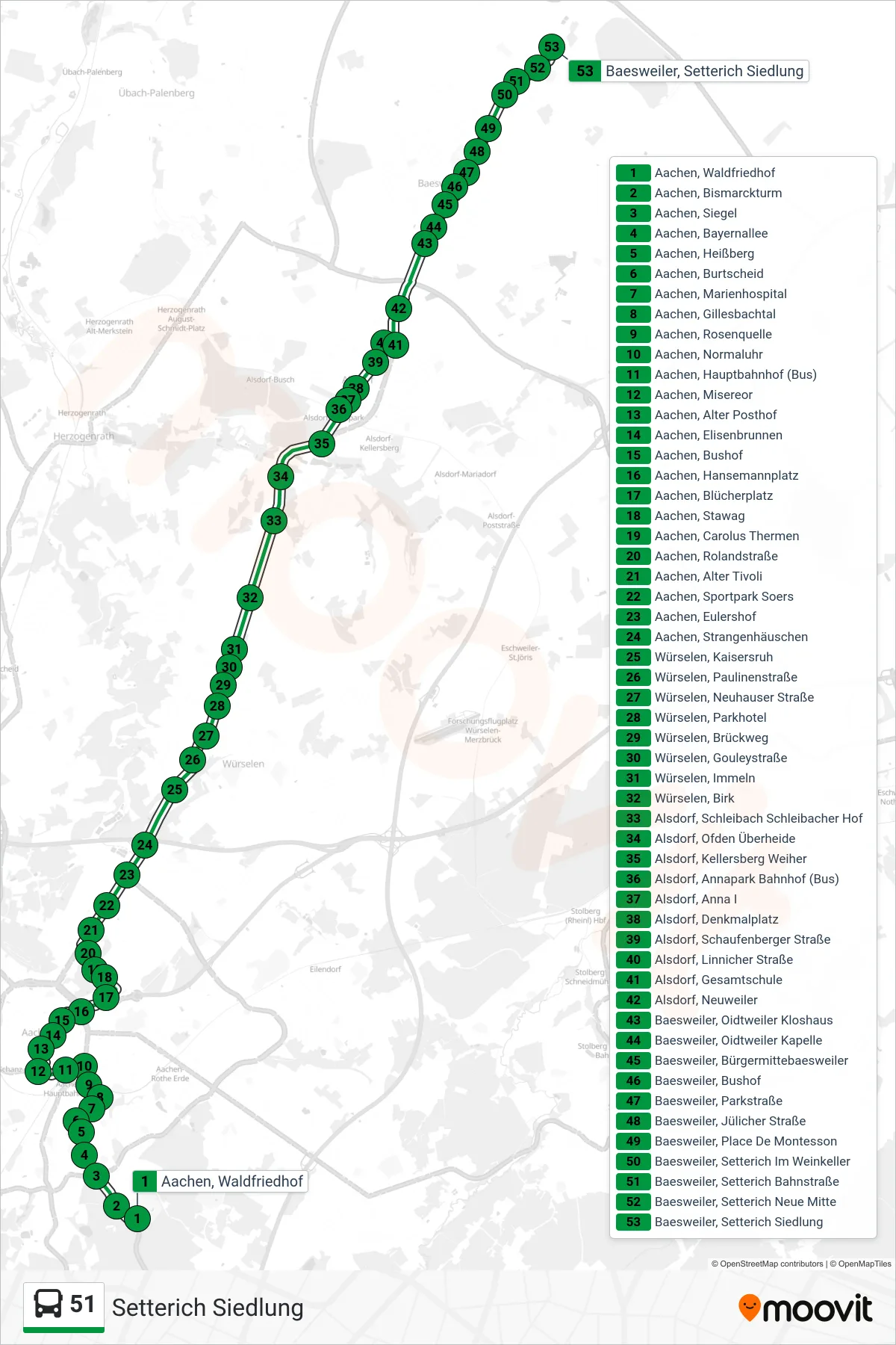 Linie 51 (Bus) Richtung Setterich Siedlung: Route und Haltestellen auf der Karte